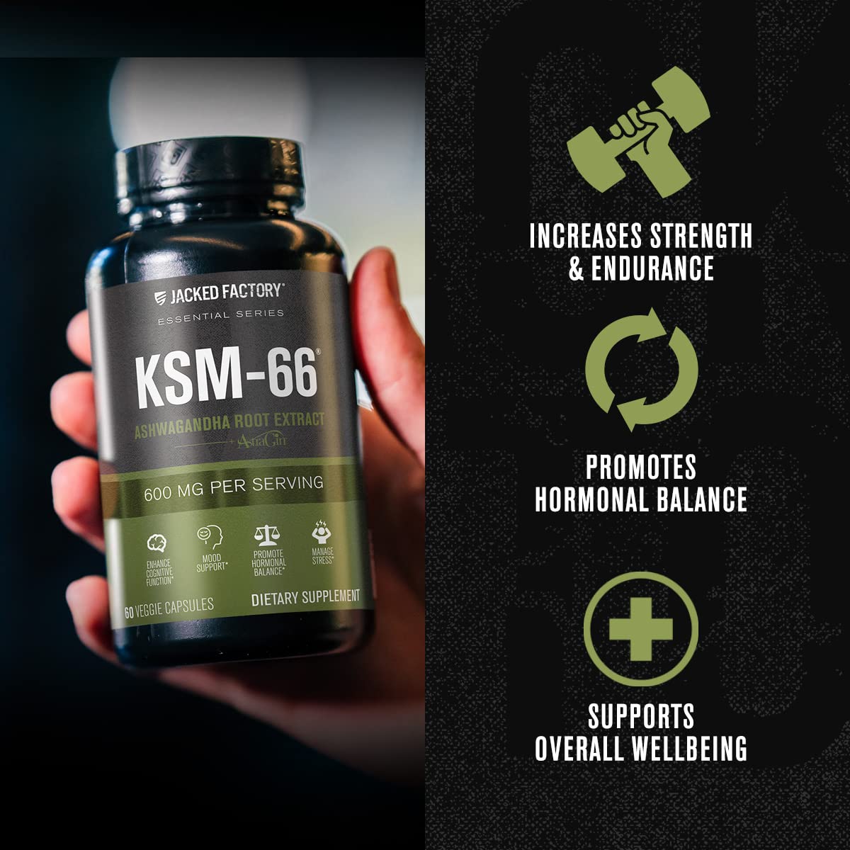 Jacked Factory Ashwagandha Root Extract (KSM-66 Ashwagandha) w/ 5% Withanolides - Supplement for Natural Stress Relief, Cognitive Function, Vitality, and Mood Support - 60 Veggie Capsules Jacked Factory buy supplements canada