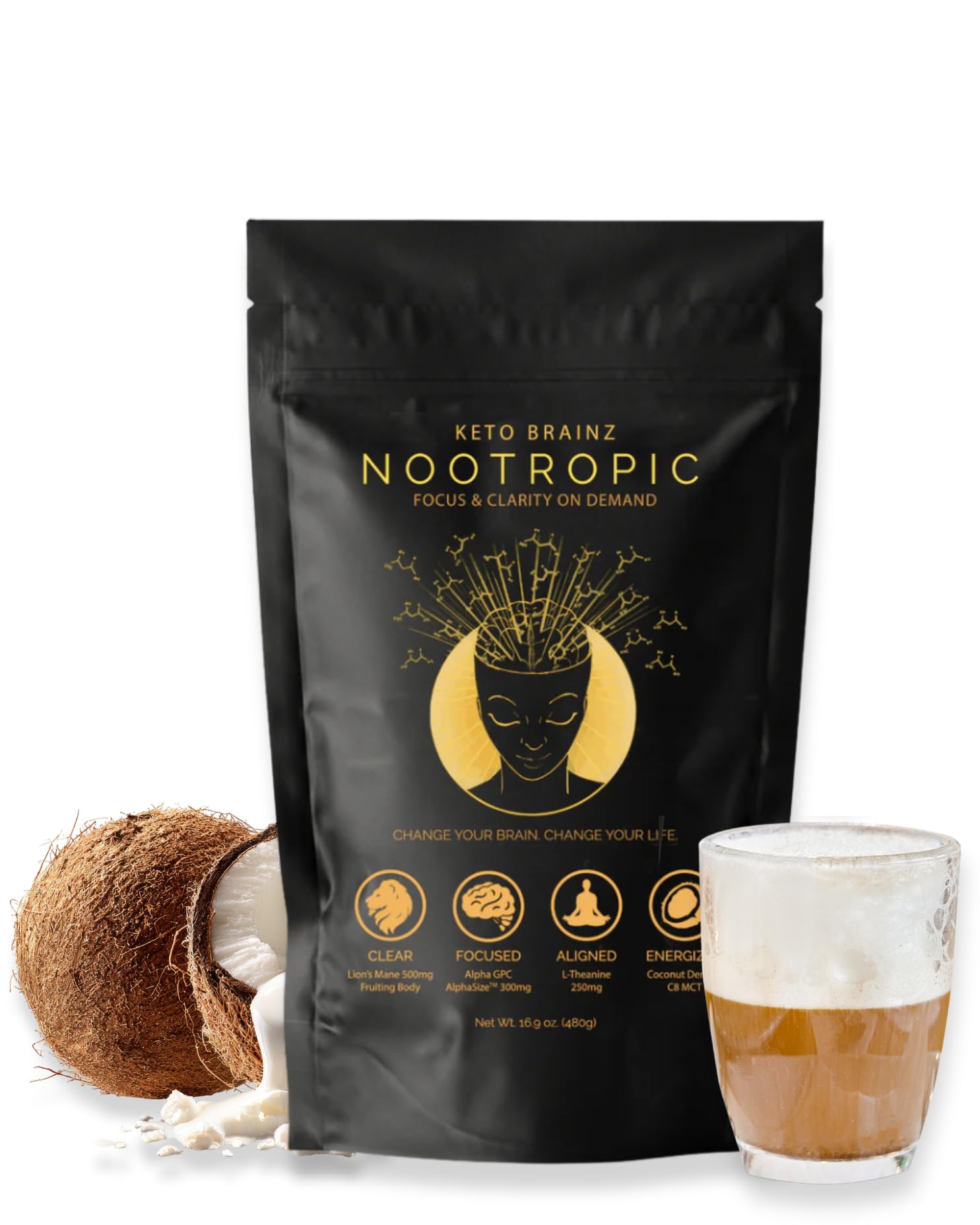 Keto Brainz C8MCT Based Nootropic - with 500mg Lion's Mane Mushroom, AlphaGPC & L-Theanine This is The Ultimate Easy to use nootropic Stack & Makes Delicious Mushroom Coffee! 16oz. 30 Servings Keto Brainz buy supplements canada
