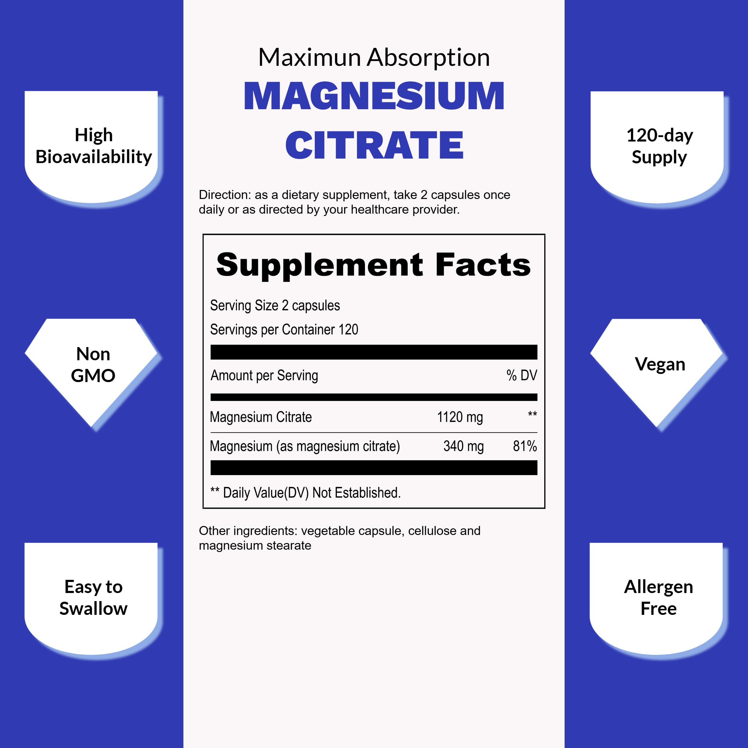 UpNourish Pure Magnesium Citrate (Citrato de Magnesio) 1120mg, 240 Capsules - High Absorption Magnesium Supplement for Women & Men - Natural Calm Magnesium for Constipation, Relax, Cramp Defense UpNourish buy supplements canada