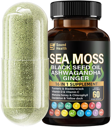 Sea Moss Capsules with Ashwagandha, Turmeric, Bladderwrack, Vitamins C & D for Natural Energy, Sleep Support & Hair Growth, 1200mg Herbal Blend, for Man & Women, Third-Party Tested，16-in-1 Supplement SoundHealth buy supplements canada