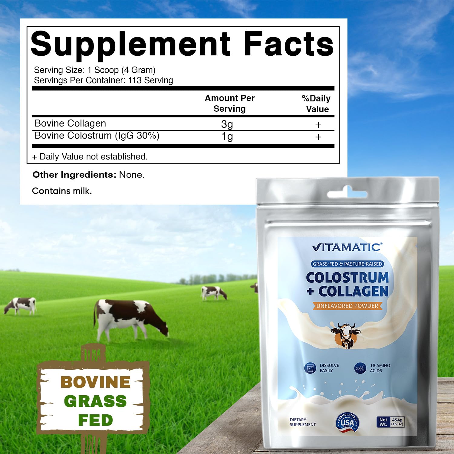 Vitamatic Bovine Colostrum + Collagen Powder - Supplement for Gut Health, Hair Growth, Beauty, Muscle Recovery, & Immune Support - Easy to Mix - Unflavored - 454 Gram, (16 oz) Vitamatic buy supplements canada