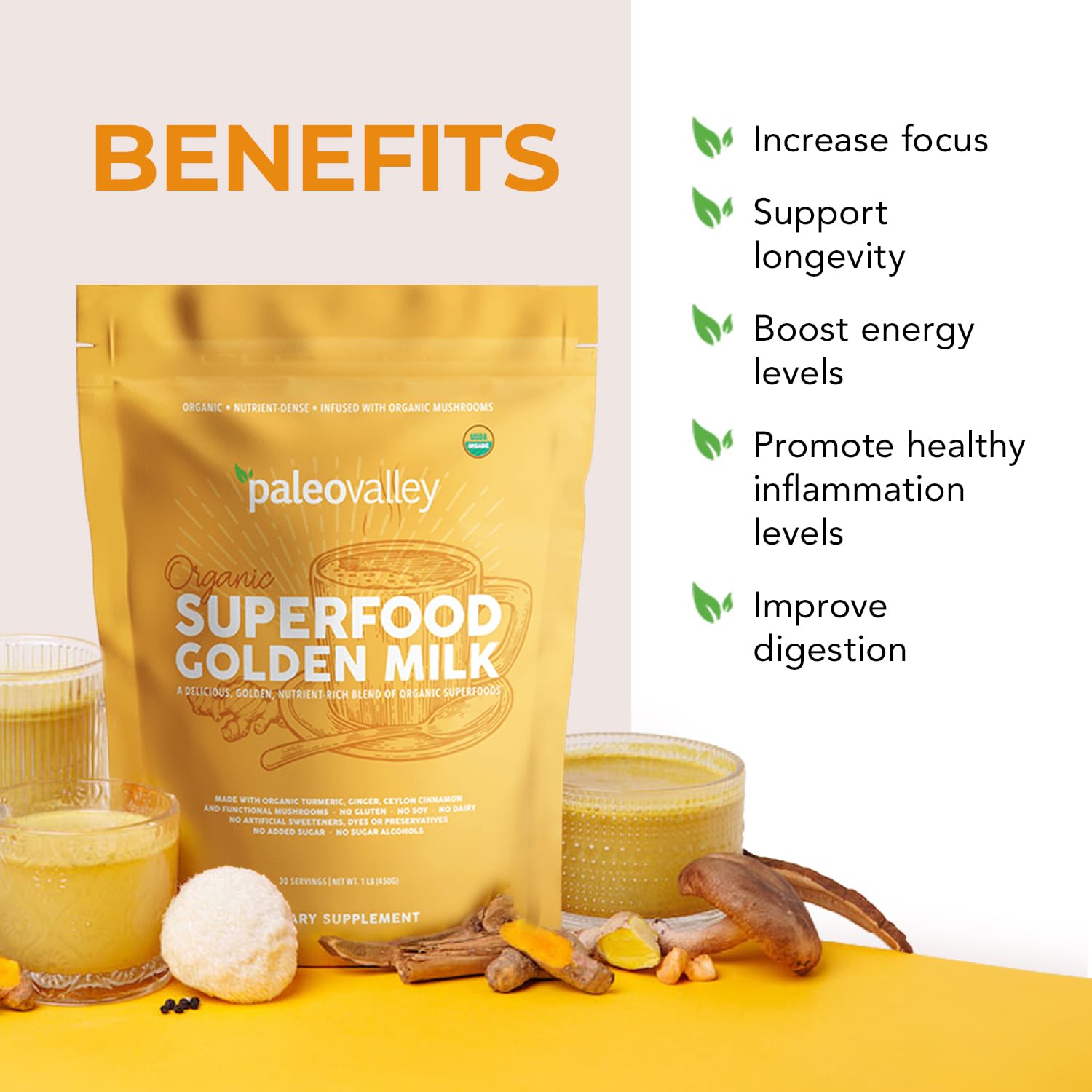 Paleovalley Organic Superfood Golden Milk - Immune, Focus, Cognitive, Longevity - Turmeric, MCT-Rich Coconut Milk, Functional Mushrooms, 30 Servings Paleovalley buy supplements canada