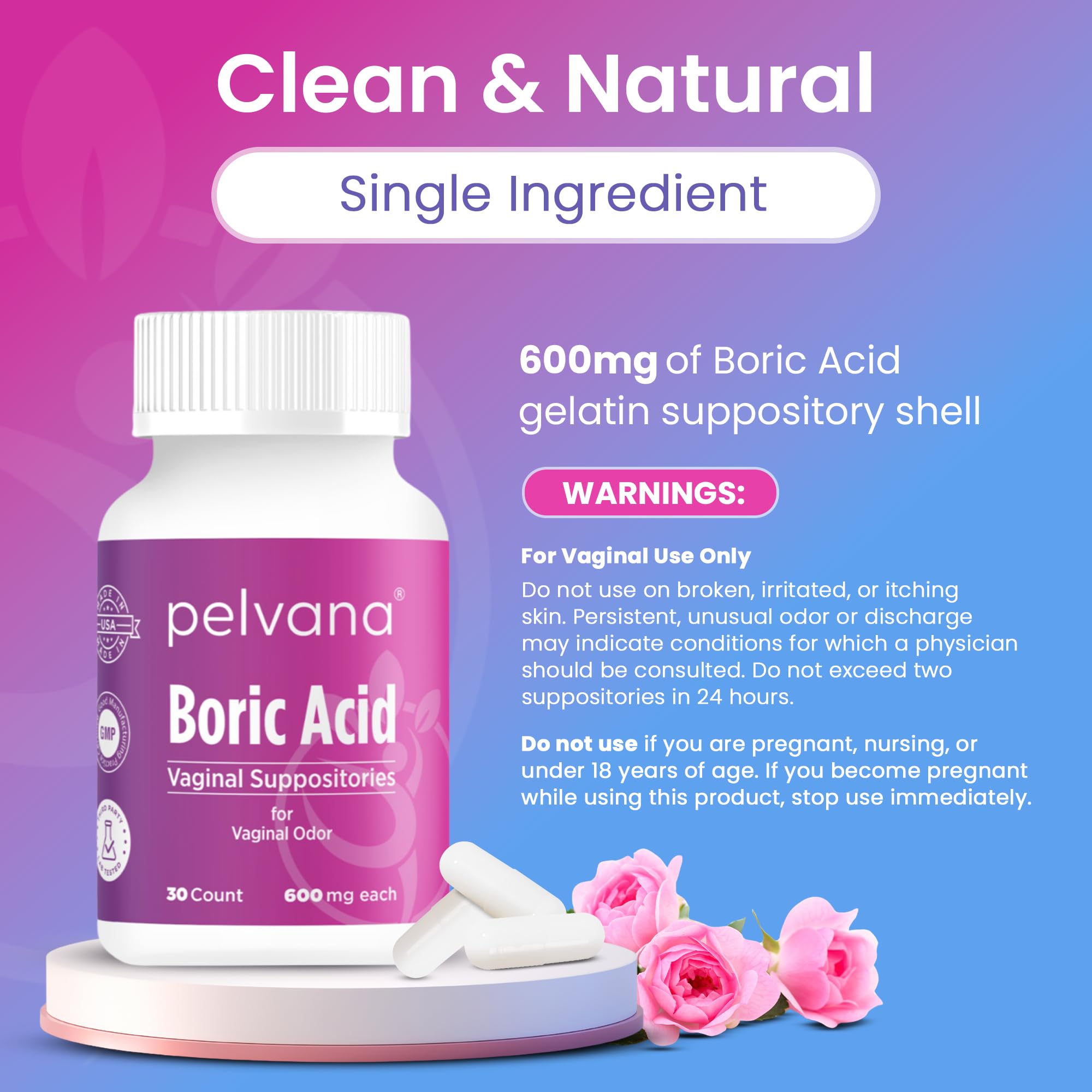 Pelvana Boric Acid Suppositories for Women - 30 Count - 600mg Boric Acid Capsules for Vaginal Odor Use Pelvana buy supplements canada