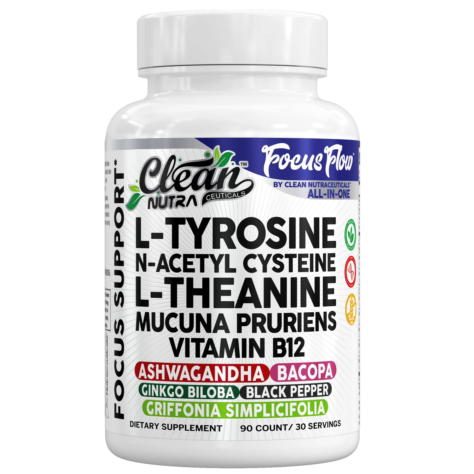 Focus Flow L-Tyrosine Vitamin B C D L-Theanine Ashwagandha Ginkgo Biloba Vitamin B12 Thiamine Black Pepper N-Acetylcysteine Mucuna Pruriens 90 Count Capsules by Clean Nutra Clean Nutraceuticals buy supplements canada