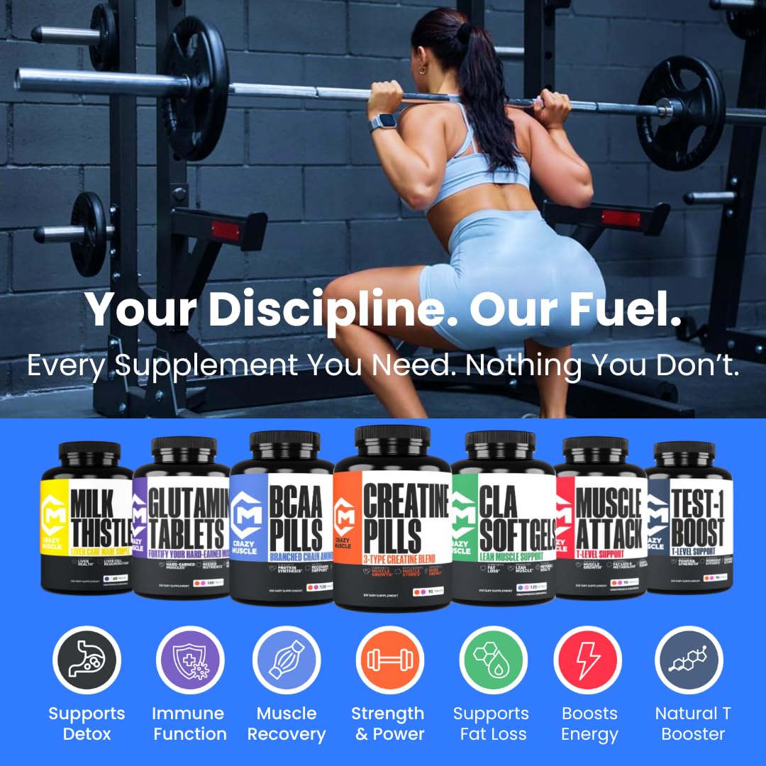 Creatine Capsules, 5g Premium 3X ThreeAtine Pre Workout Bulk Muscle Mass Gainer, High Absorption Easy to Take Creatine Monohydrate Pills Alternative Optimum Performance for Men Women, 180 Capsules Crazy Muscle buy supplements canada