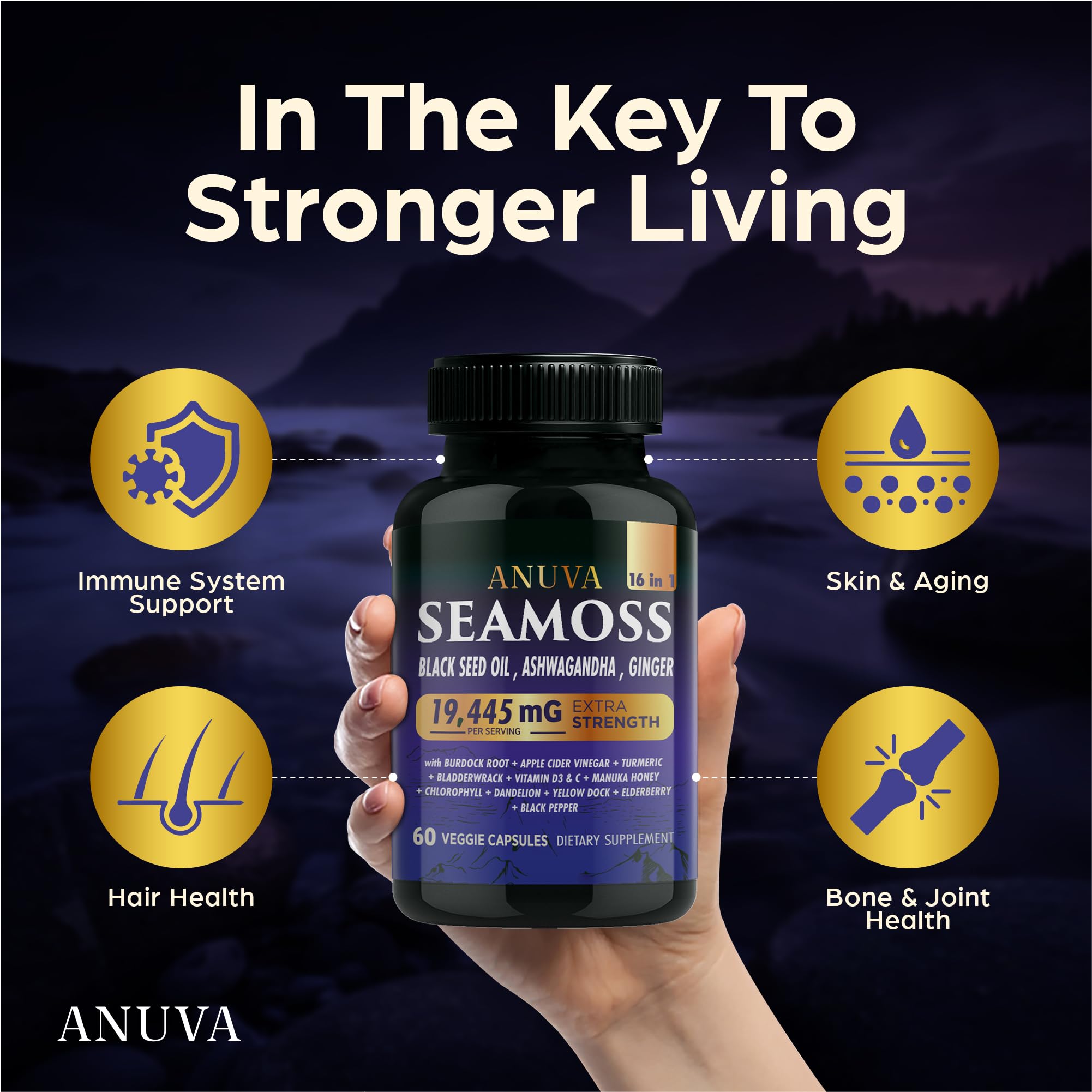 Anuva 16-in-1 Sea Moss Capsules | Black Seed Oil, Ashwagandha, with Vitamin C, D3, Turmeric, Burdock, Bladderwrack & Multi-Minerals | Immune, Skin, Joint & Energy Support | 60 Veggie Capsules Anuva buy supplements canada