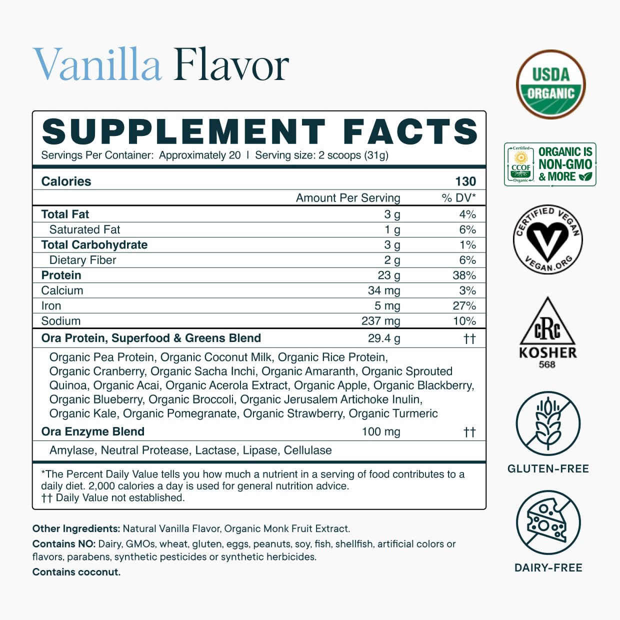 Ora Organic Plant-Based Protein Powder - 23g Protein for Women and Men - Vanilla Flavor 20 Servings, Vegan, Clean Protein Ora Organic buy supplements canada