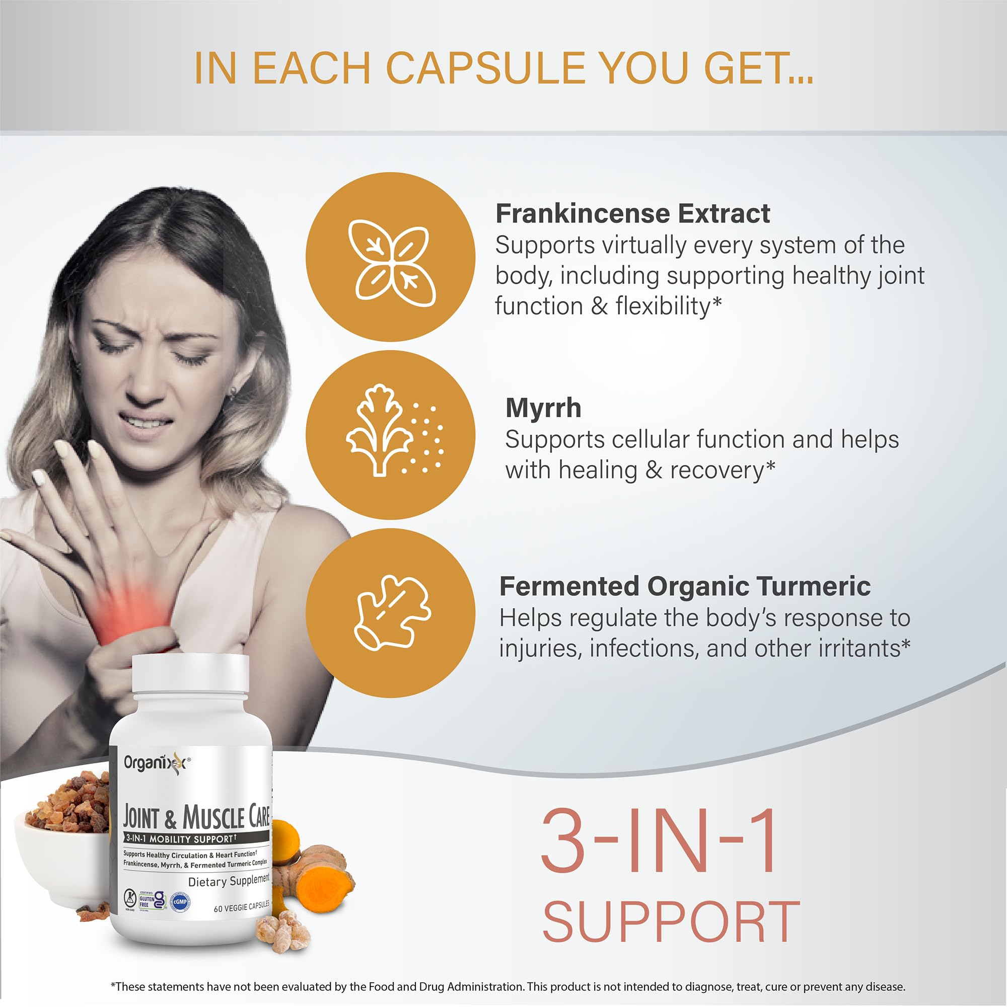 Organixx Joint & Muscle Care Organic Turmeric Supplement, 3-in-1 Frankincense, Turmeric and Myrrh Joint Health & Joint Support Supplement Body Care Capsules, Supports Swelling, Tension, 60 Capsules Organixx buy supplements canada