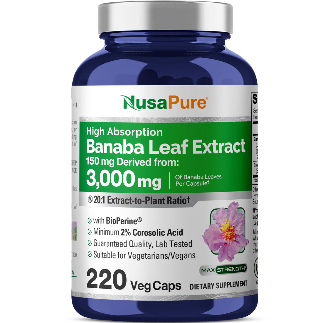 NusaPure Banaba Leaf 20:1 Extract, 150 mg Equivalent to 3,000mg Veg Caps, 220 Days Supply (Non-GMO & Vegan) 2% Corosolic Acid NusaPure buy supplements canada