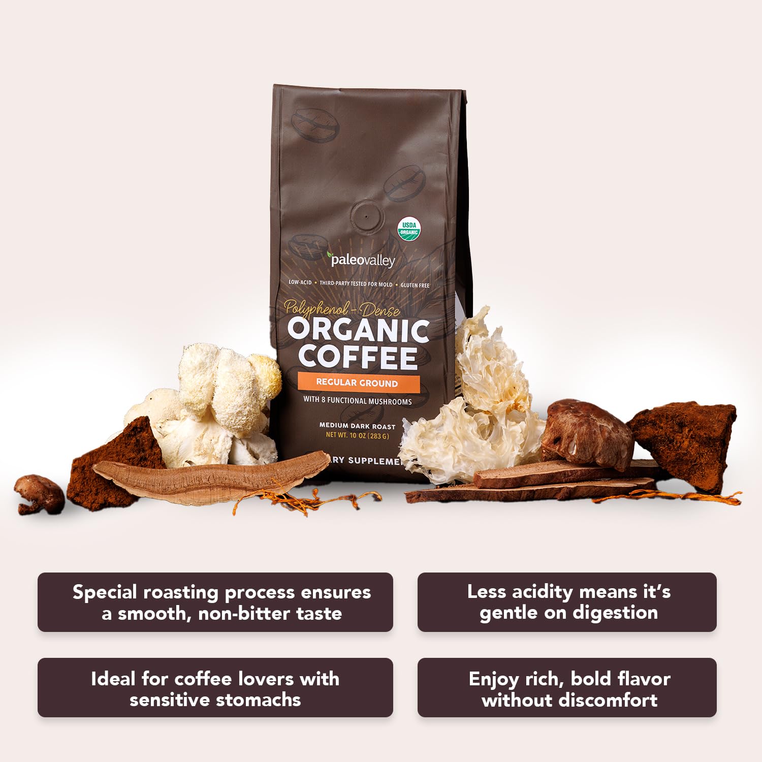 Paleovalley Organic Ground Coffee, 10oz - Regular, Low Acid, Single-Origin, Polyphenol-Rich, Infused with Mushrooms Paleovalley buy supplements canada