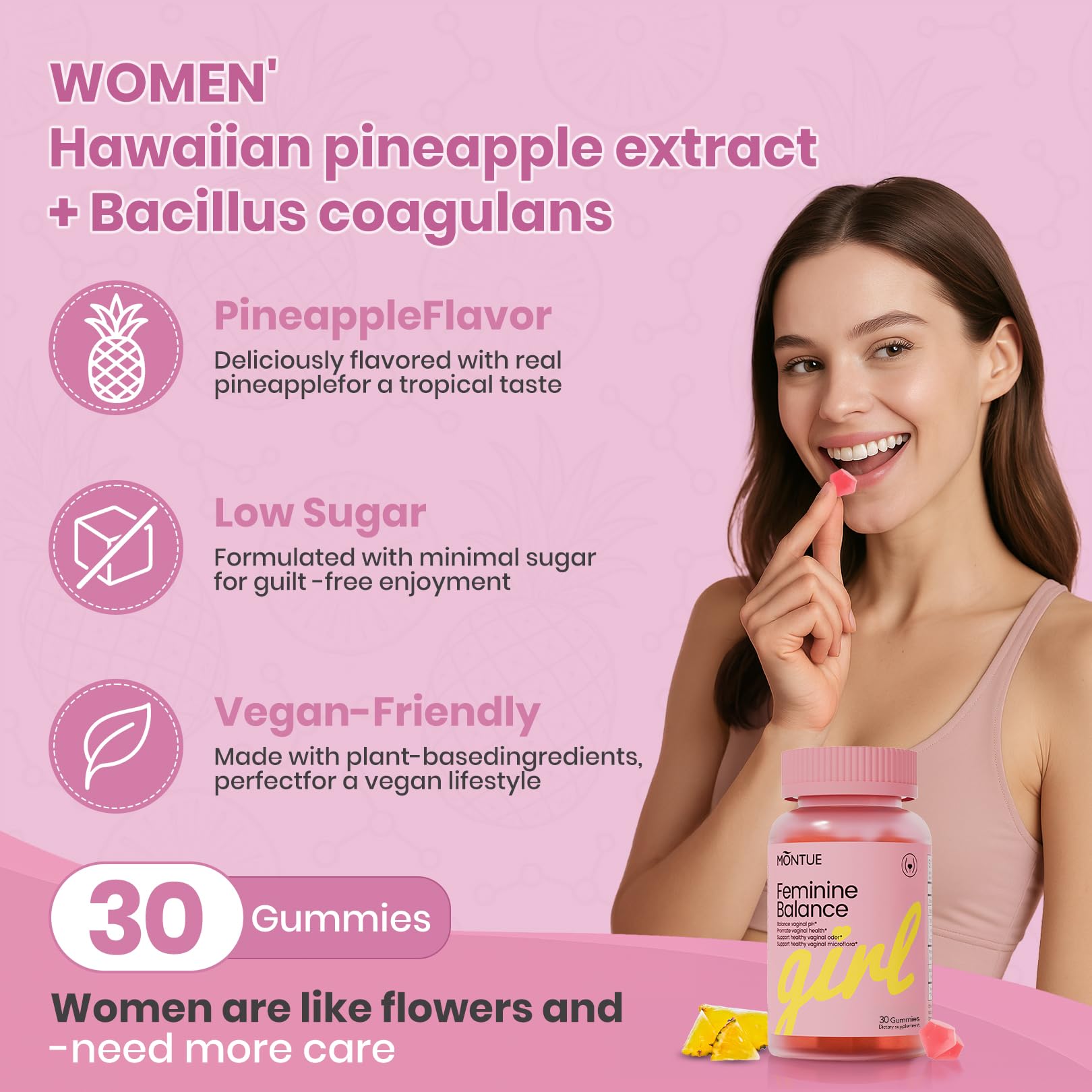 Montue Premium Diamond Feminine Balance Gummies-pH Balance with Prebiotics & Lactobacillus Probiotic Blend&Hawaiian Pineapple Immune Support,Vegan& Non-GMO（30 Gummies） Montue buy supplements canada