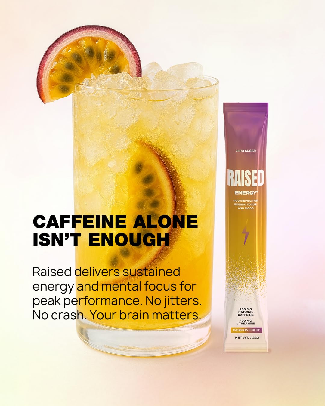 Raised Energy+ Nootropic Drink Mix | 200mg Natural Caffeine + L-Theanine | Zero Sugar | Clean Energy Powder for Focus, Mood & Motivation | 15 Stick Packs | Passion Fruit Flavor Raised buy supplements canada