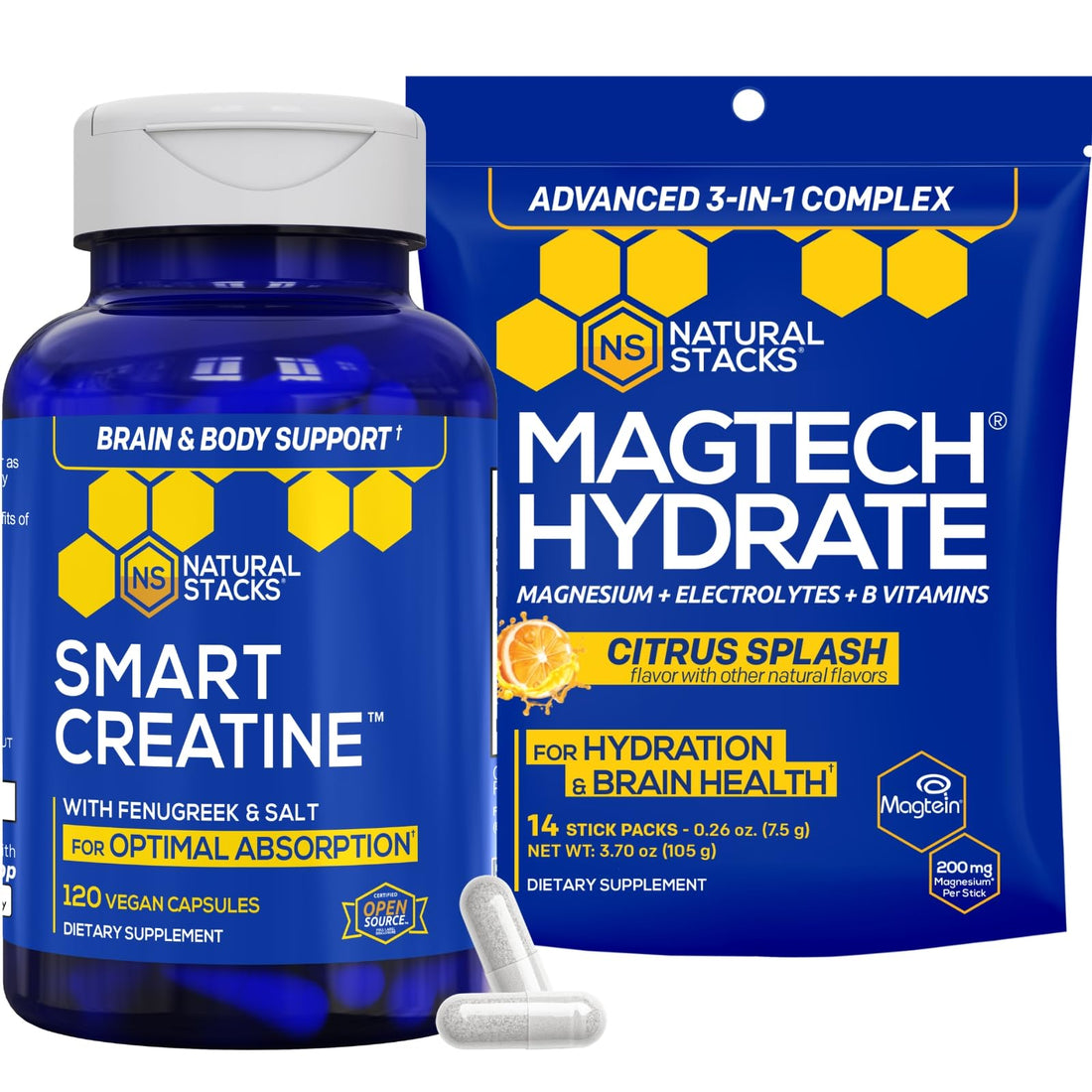 NATURAL STACKS Creatine Monohydrate & Magtech Hydrate Bundle - 2500mg Creatine + 200mg Elemental Magnesium Per Serving - Supports Hydration, Brain Health & Endurance - 44 Total Servings NATURAL STACKS buy supplements canada