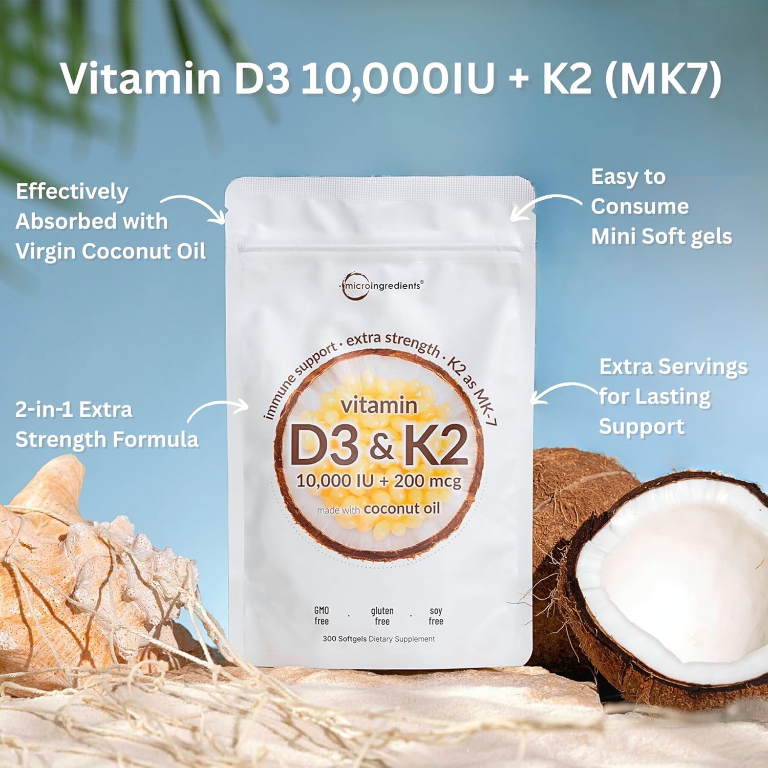 Micro Ingredients Vitamin D3 10,000 IU + K2 MK-7 200 mcg, 300 Softgels with Virgin Coconut Oil | 2-in-1 Vitamins D & K Complex Micro Ingredients buy supplements canada