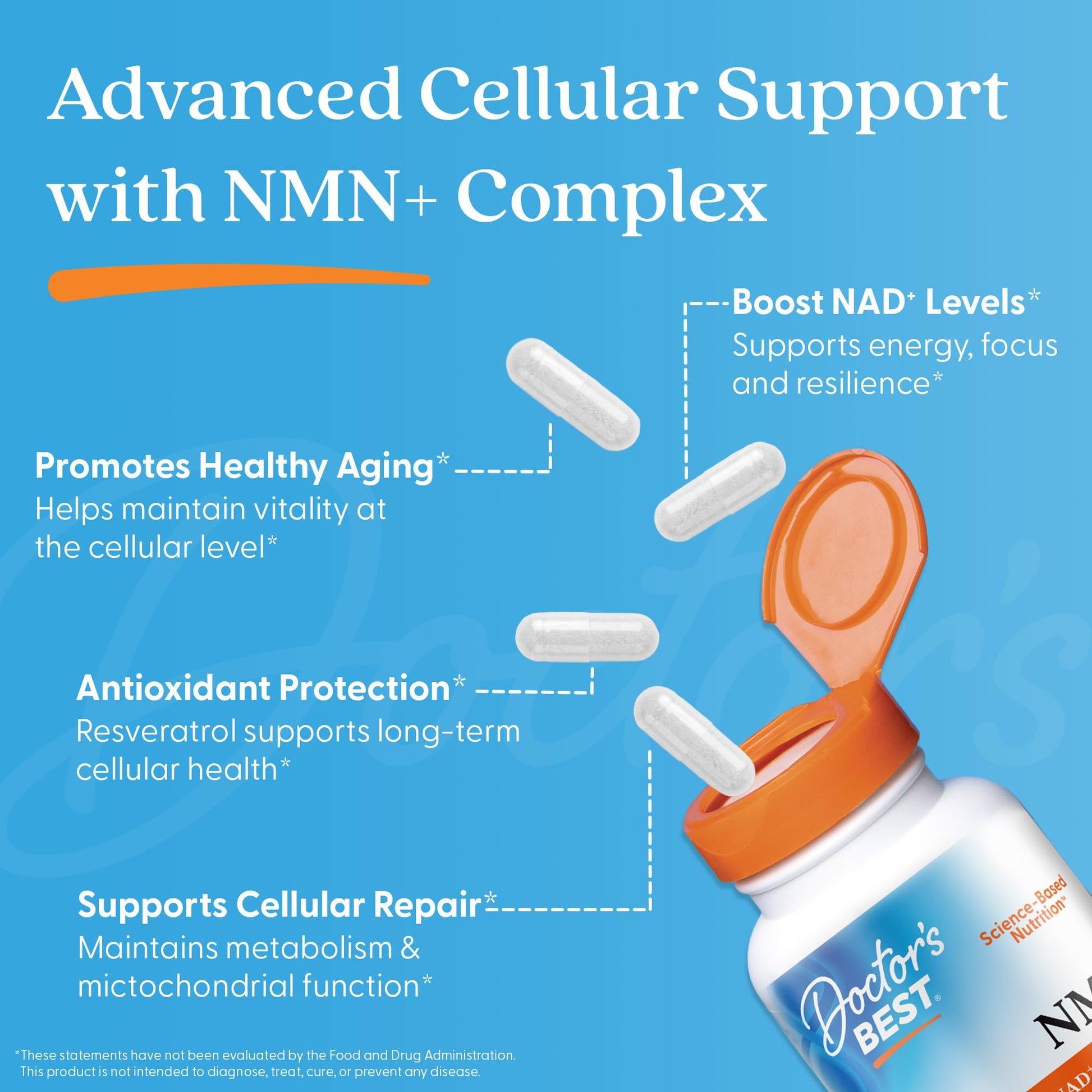 Doctor's Best NMN+ Complex Supplement Capsules for Women & Men - Supports NAD+ Production, Resveratrol 100mg & Beta Nicotinamide Mononucleotide 200mg per Capsule, Cellular Energy Support - 60 Veg Caps Doctor's BEST buy supplements canada