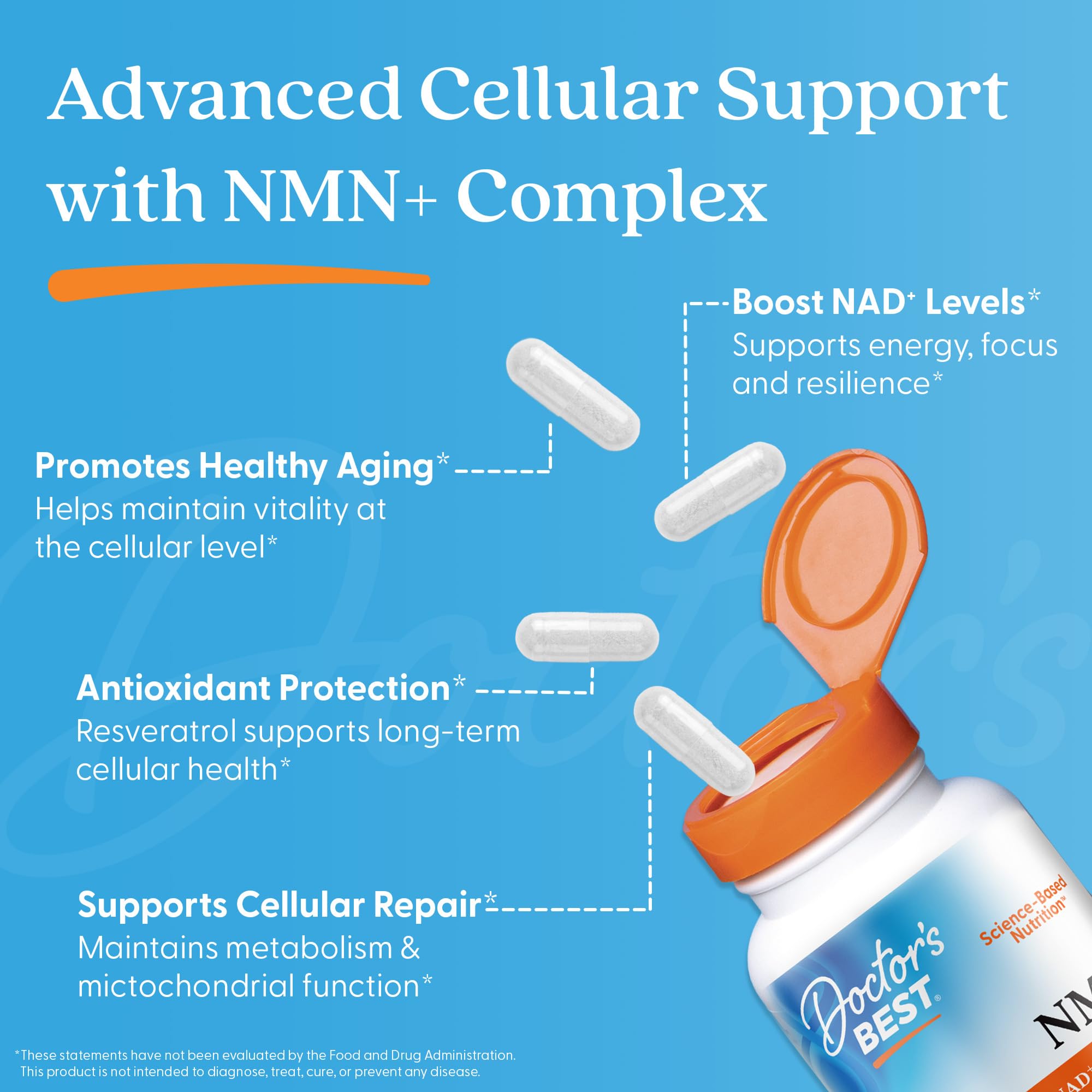 Doctor's Best NMN+ Complex Supplement Capsules for Women & Men - Supports NAD+ Production, Resveratrol 100mg & Beta Nicotinamide Mononucleotide 200mg per Capsule, Cellular Energy Support - 60 Veg Caps Doctor's BEST buy supplements canada