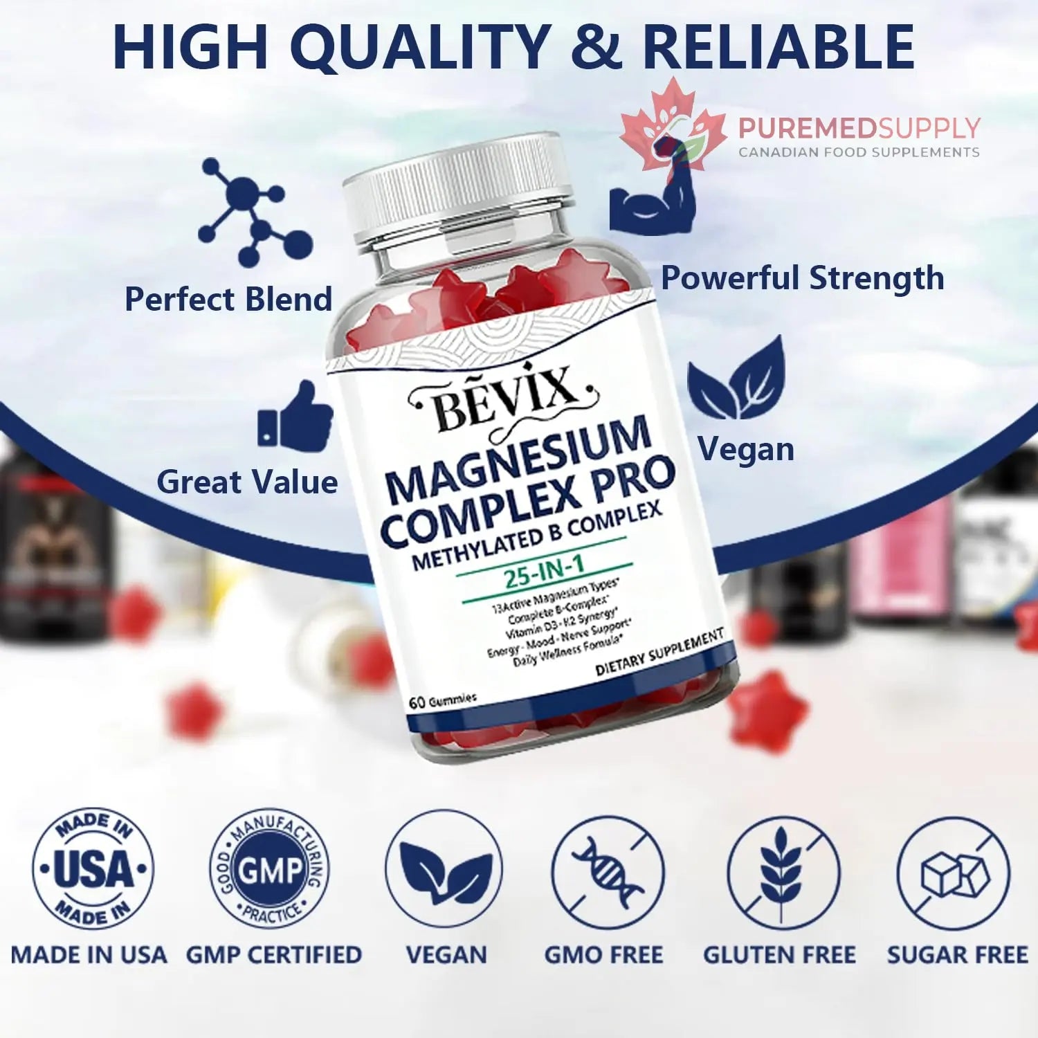 BEVIX Magnesium Complex Gummies with Methylated B Complex Magnesium Glycinate Citrate Malate Taurate Gluconate Aspartate Carbonate D3 K2, Magnesium for Relaxation Energy & Nerve, 60 Gummies BEVIX buy supplements canada