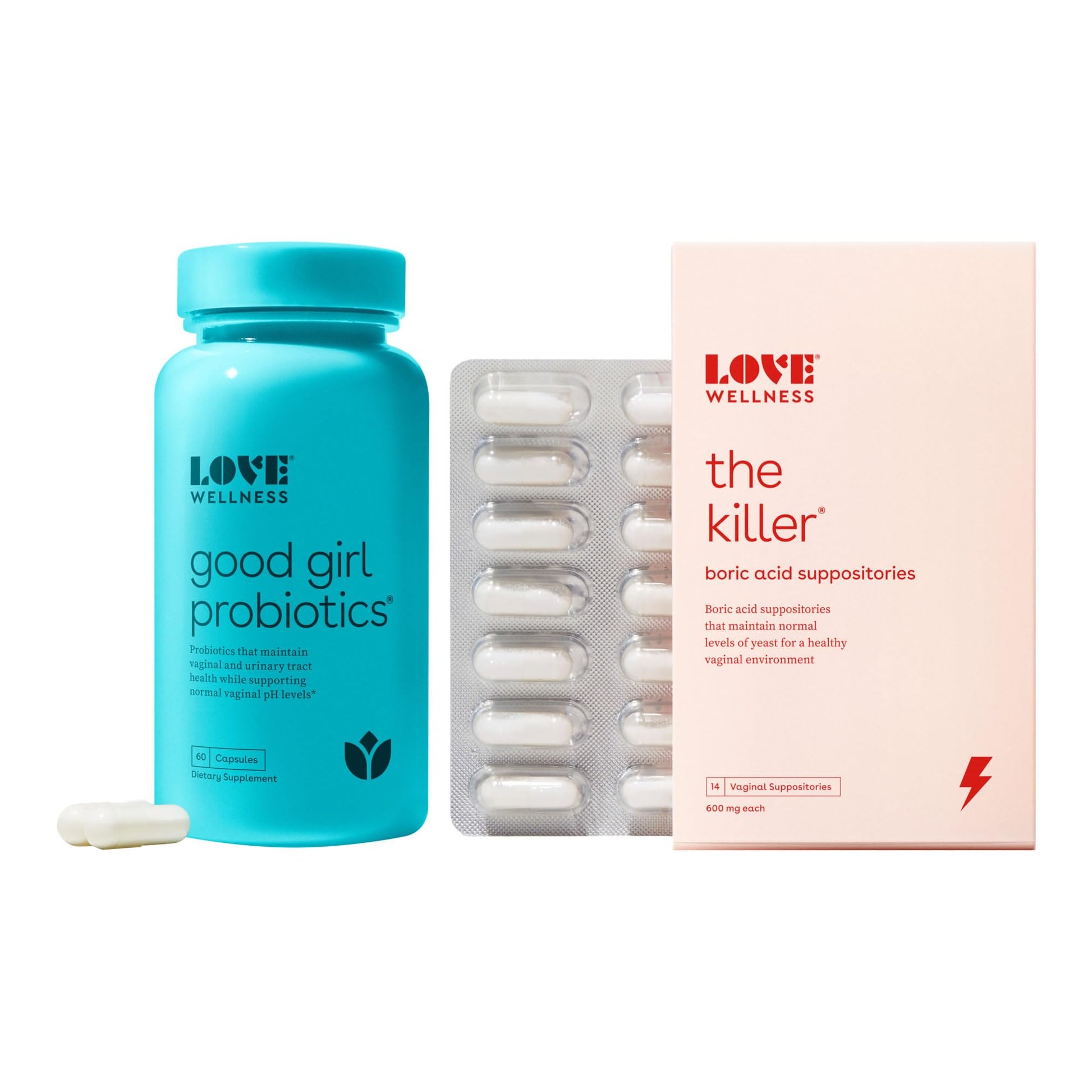 Love Wellness Good Girl Probiotics & The Killer | Vaginal pH Balance Supplement & Boric Acid Suppositories Love Wellness buy supplements canada