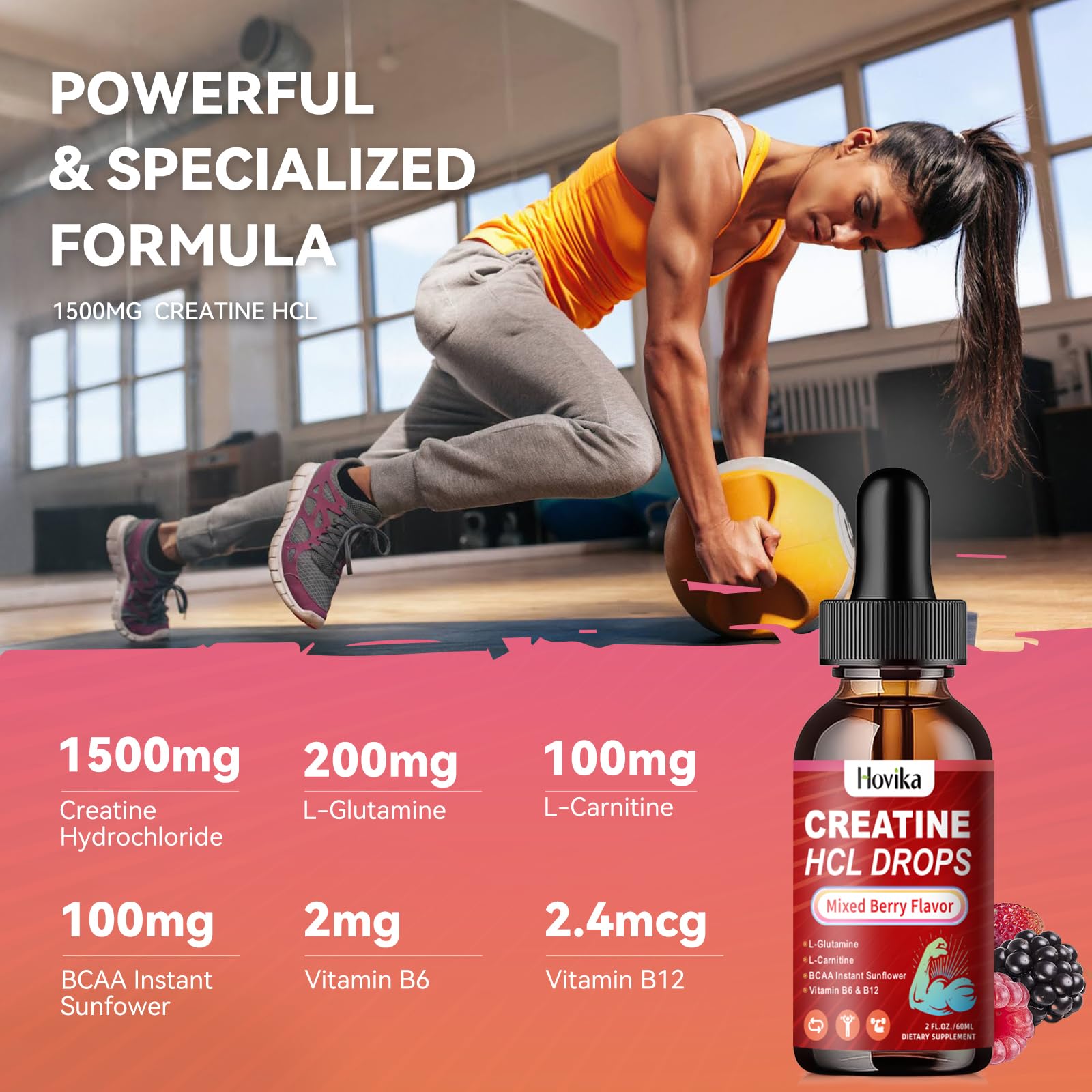 Creatine HCL Liquid Drops for Men & Women, Creatine Hydrochloride with L-Carnitine, L-Glutamine, BCAA, Vitamin B12 & B6 for Muscle Growth & Recovery-Vegan, Mixed Berry Flavor Flavor, 2 Fl Oz Hovika buy supplements canada