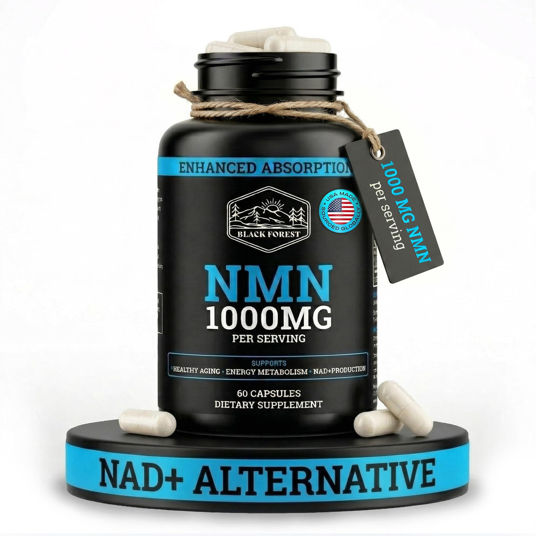 Black Forest NMN Supplements 1000mg (Nicotinamide Mononucleotide) 99% Pure, Stabilized Form, BioPerine® for Enhanced Bioavailability (60 Capsules) Black Forest buy supplements canada