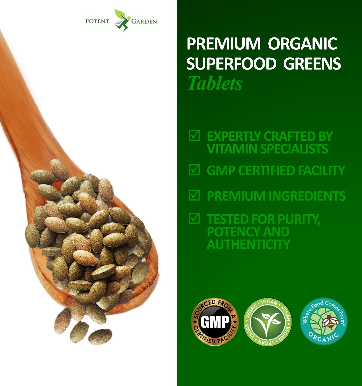 Potent Garden Organic Superfood Greens, Fruit and Veggies Supplement Rich in Vitamins & Antioxidants with Alfalfa, Beet Root & Tart Cherry to Boost Energy, Immunity & Gut Health, Greens Tablets 60 Ct Potent Garden buy supplements canada