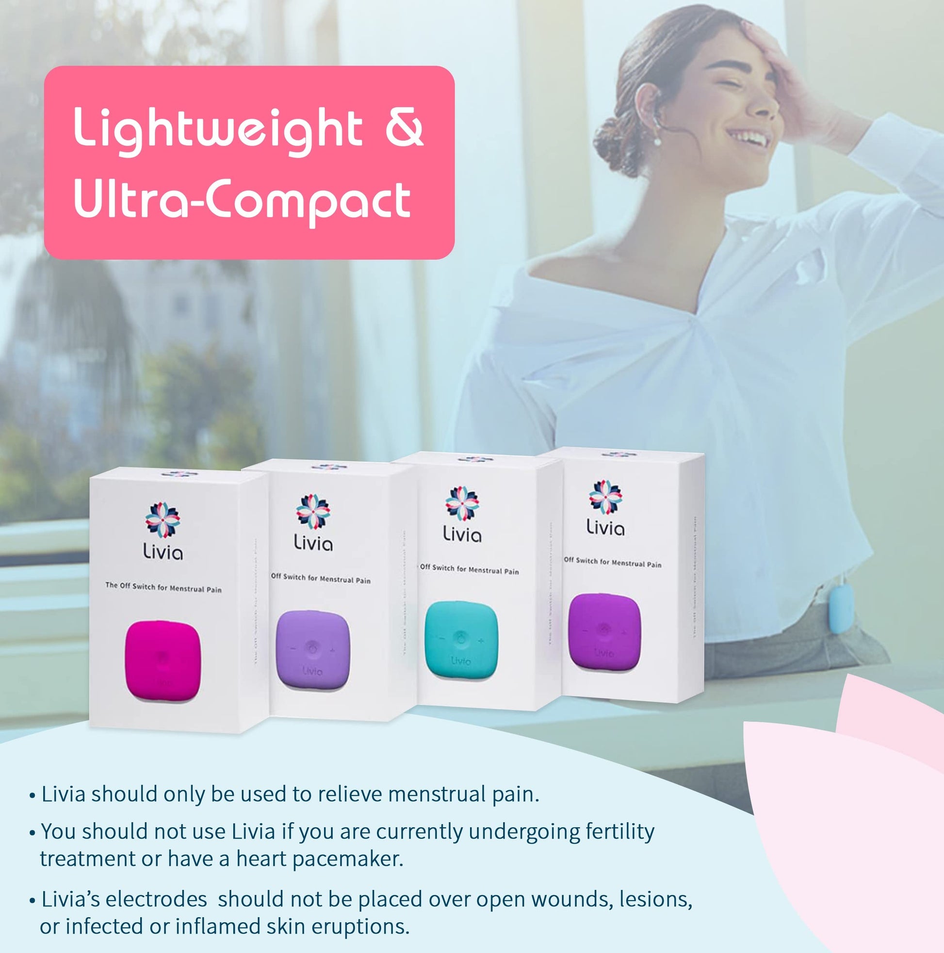 Livia Menstrual Pain Relief Device, Lavender - The Off Switch for Period Pain - Portable Unit with Stick-on Pads Livia buy supplements canada