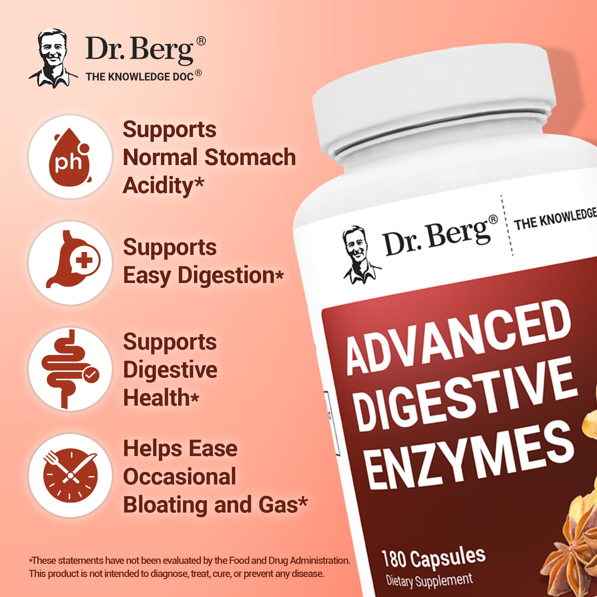 Dr. Berg Advanced Digestive Enzymes with Apple Cider Vinegar - Includes Digestive Health Ingredients Like Betaine Hydrochloride (HCI), Ginger Root & Peppermint Leaf - 180 Capsules Dr. Berg Nutritionals buy supplements canada