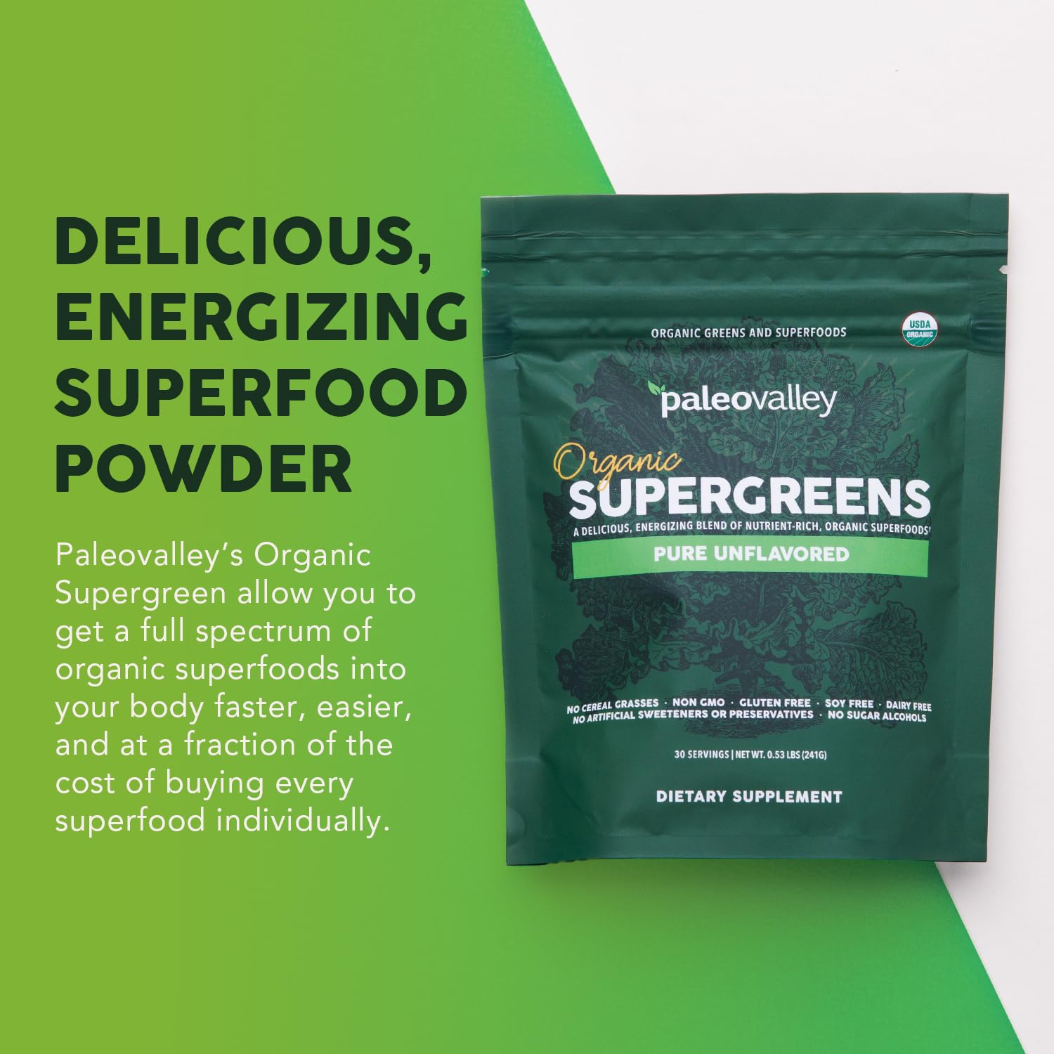 Paleovalley Organic Supergreens Powder - 23 Superfoods with Prebiotic Fiber for Energy and Immunity Support - No Cereal Grasses for Maximum Absorption - Pure Unflavored, 30 Servings Paleovalley buy supplements canada