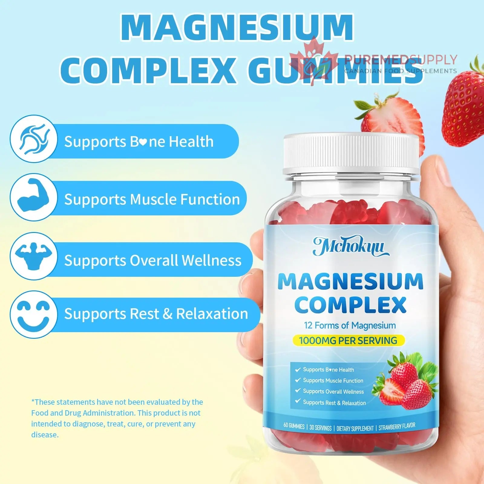 Magnesium Complex Gummies 1000mg | 12-in-1 Magnesium Complex Supplement with Glycinate, Citrate, Malate & Taurate Supports Muscle Function, Bone Health, Rest & Relaxation – Strawberry Flavor, 60 Count Mchokuu buy supplements canada