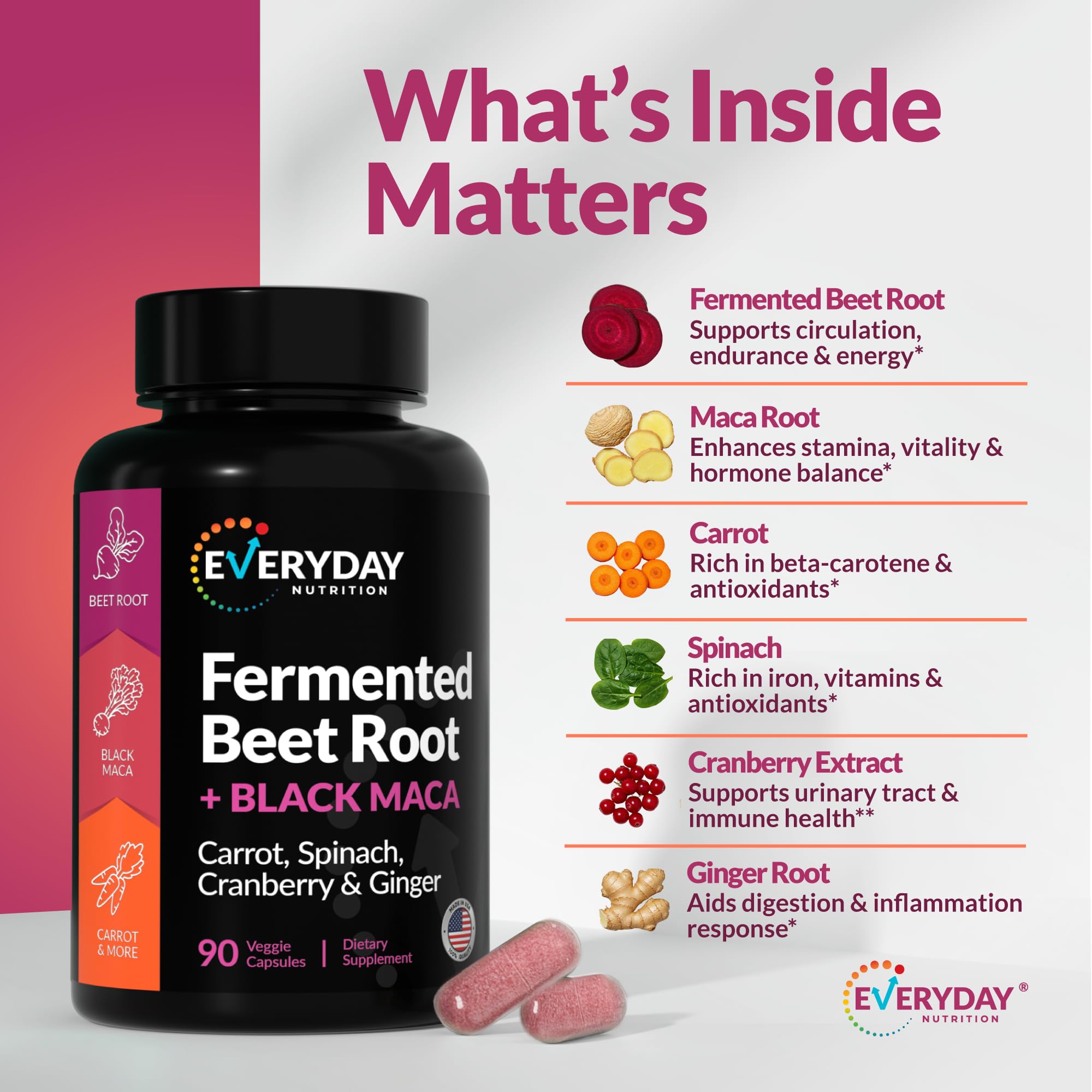 EVERYDAY NUTRITION Organic Fermented Beet Root & Black Maca Capsules with Carrot, Spinach, Cranberry & Ginger | Superfood for Energy, Stamina & Wellness | 90 Veggie Capsules | Made in USA EVERYDAY NUTRITION buy supplements canada