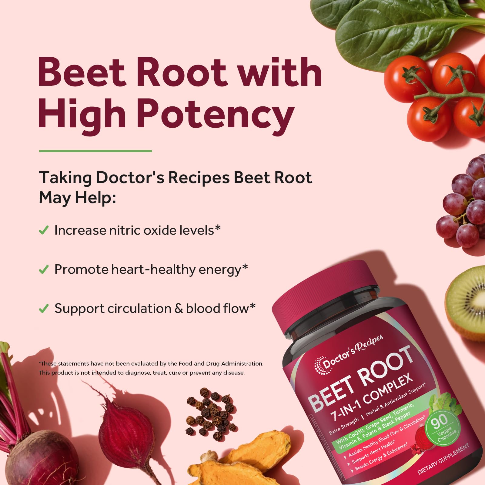 Doctor's Recipes Beet Root Capsules, 20:1 Extract with Grape Seed, CoQ10, Turmeric, Black Pepper for Enhanced Absorption, Supports Heart, Circulation, Energy & Nitric Oxide, Non-GMO, 90 Veg Caps Doctor's Recipes buy supplements canada