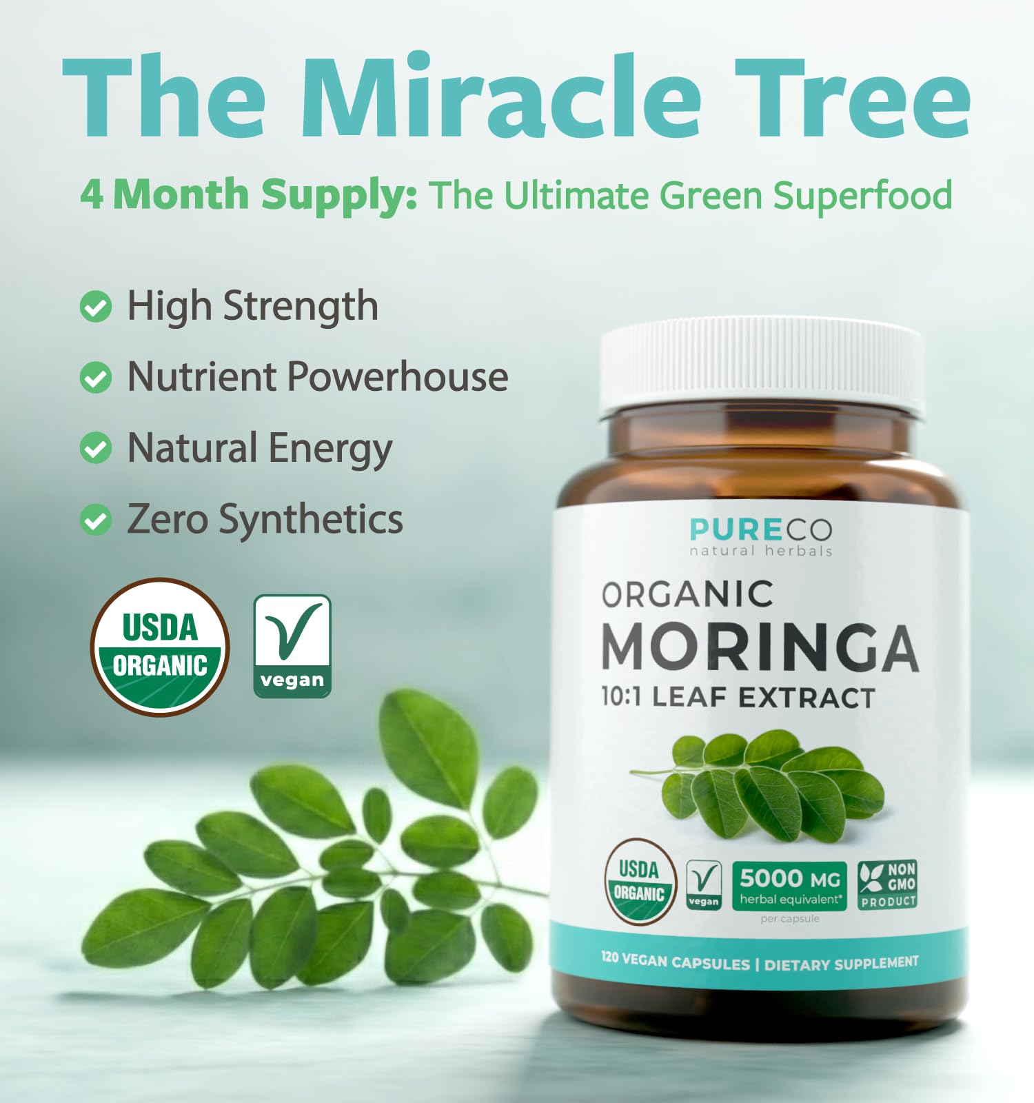 USDA Organic Moringa Capsules - High Potency Organic Moringa 500mg Extract 10:1 Per 1 Capsule Serving - Nutrient Dense Green Superfood Antioxidant PURE CO buy supplements canada