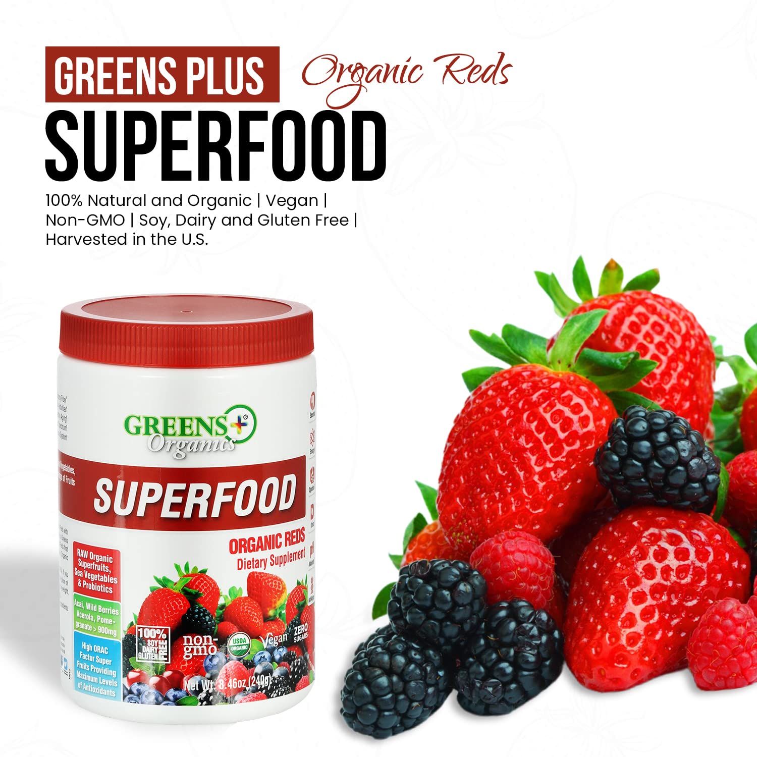 Greens+ Organic Reds Superfood Powder Camu Camu Dietary 400mg Vitamin C SuperFruit Supplement 120 Capsules, 100% Natural, Vitamins & Minerals, Vegan, Soy/Dairy/Gluten Free Greens+ buy supplements canada