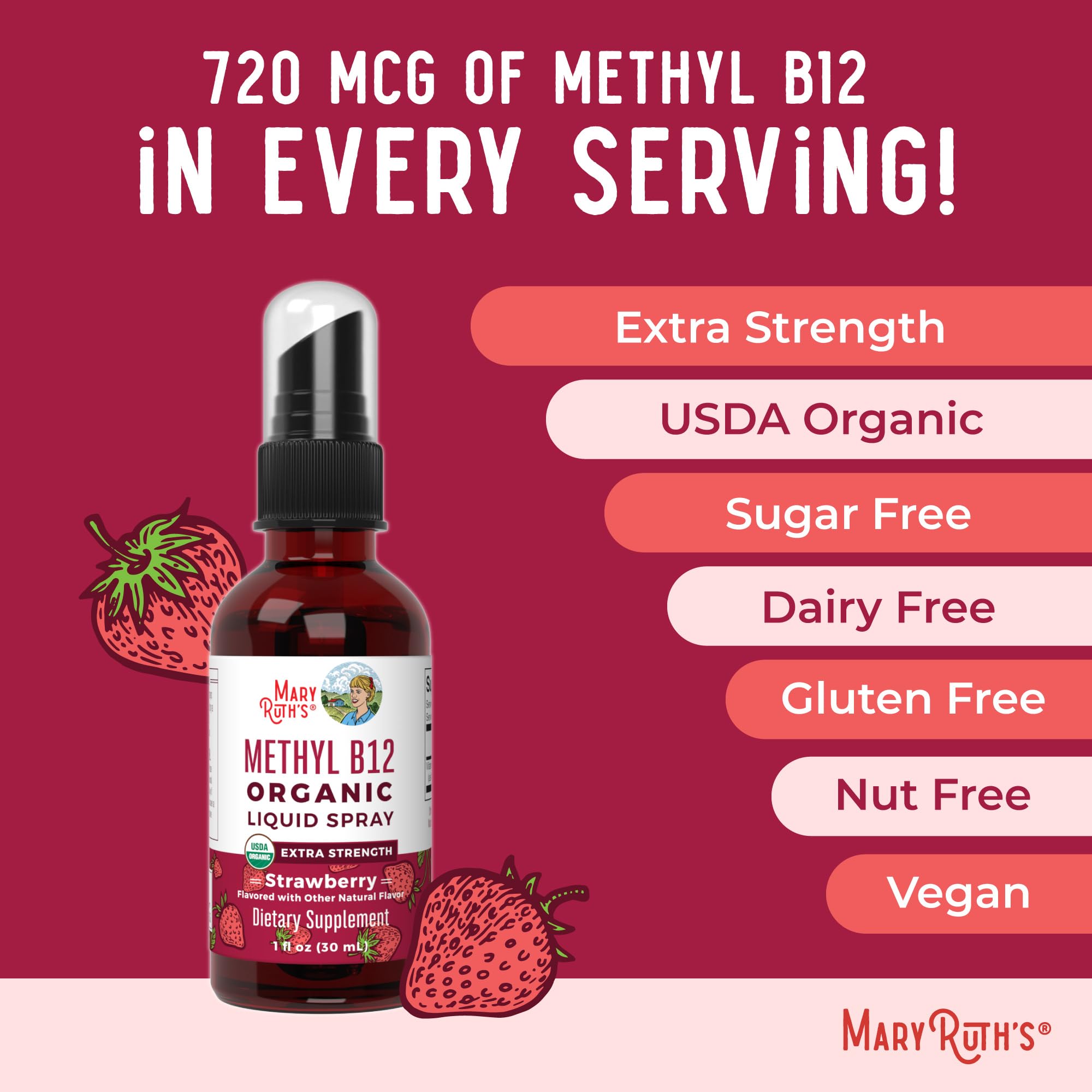 MaryRuth Organics Vitamin B12 Liquid Spray | Vegan, Non-GMO, Gluten-Free | USDA Organic Supplement | Energy & Nervous System Support | B12 Vitamins for Women & Men | 720 mcg | 1 Fl Oz MARYRUTH'S buy supplements canada