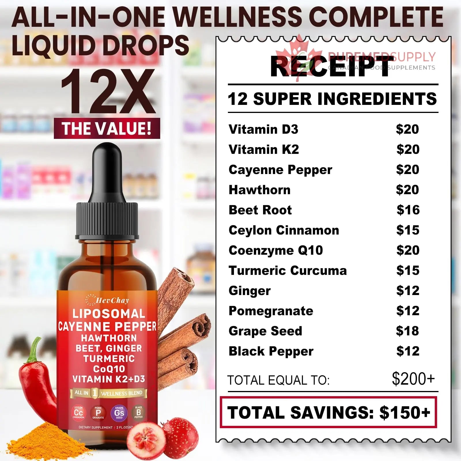 Cayenne Pepper Drops Liposomal Supplement Liquid + Hawthorn Berry, Vitamin D3 K2 Beet Root Powder, Ceylon Cinnamon, CoQ10, Turmeric Curcumin, Cayenne Pepper Extract - 2oz HevChay buy supplements canada
