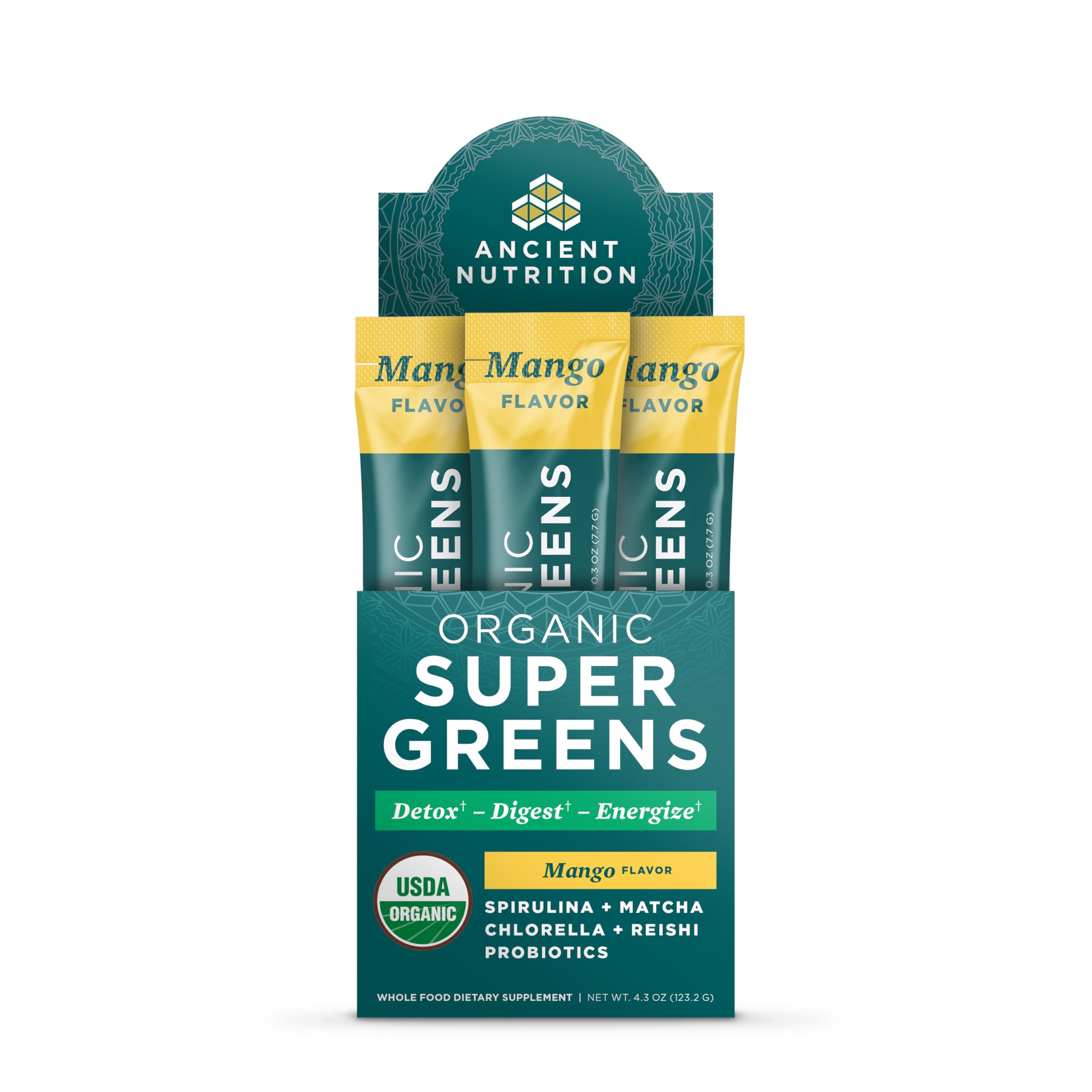 Ancient Nutrition SuperGreens Powder with Probiotics, Organic Mango Flavor Greens, Made from Real Fruits, Vegetables and Herbs, Digestive and Energy Support, 16 Stick Packs, 4.3oz Ancient Nutrition buy supplements canada