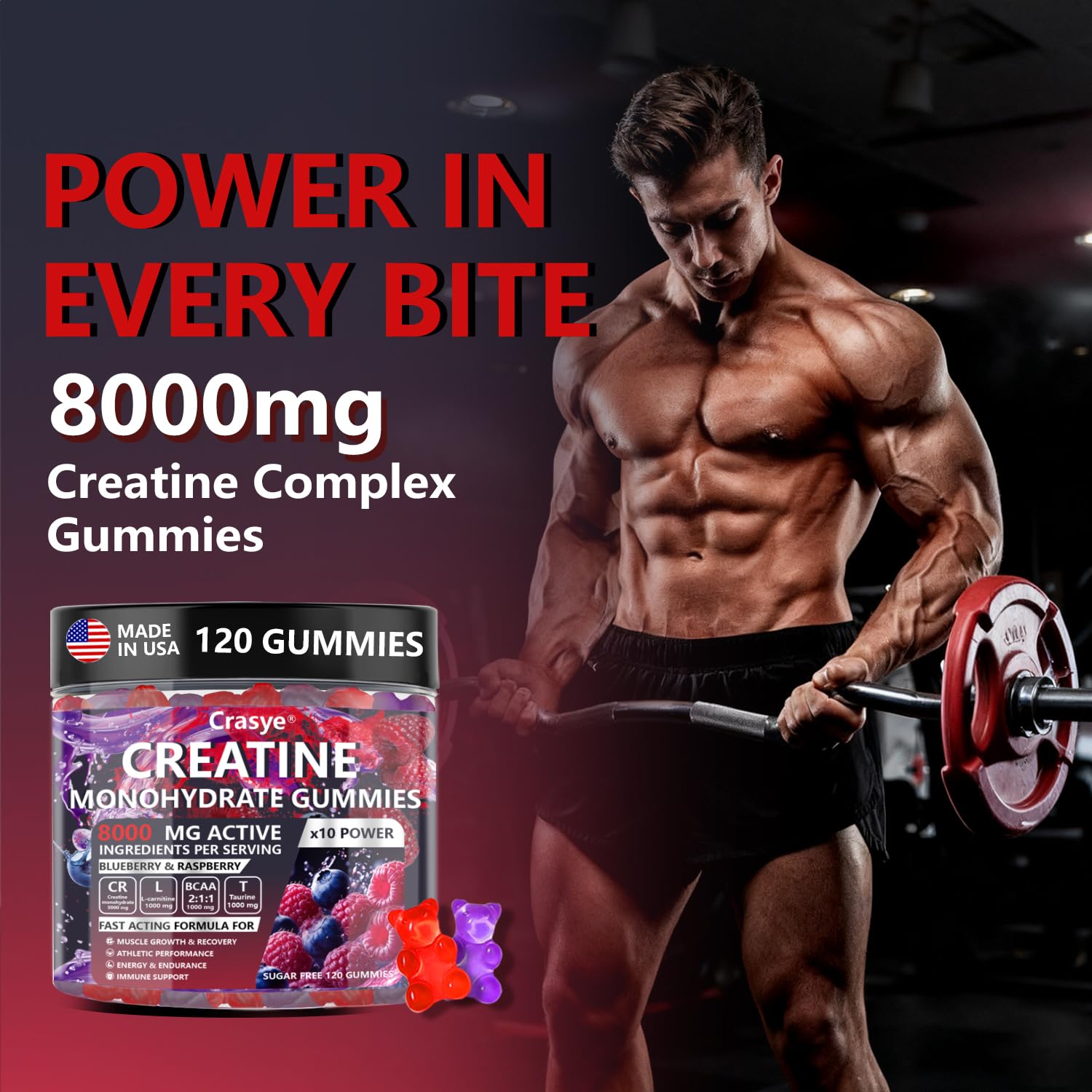 Crasye Creatine Gummies Complex 8000mg for Men and Women Creatine Monohydrate Gummy with BCAA Taurine for Muscle Strength and Energy Boost Sugar Crasye buy supplements canada