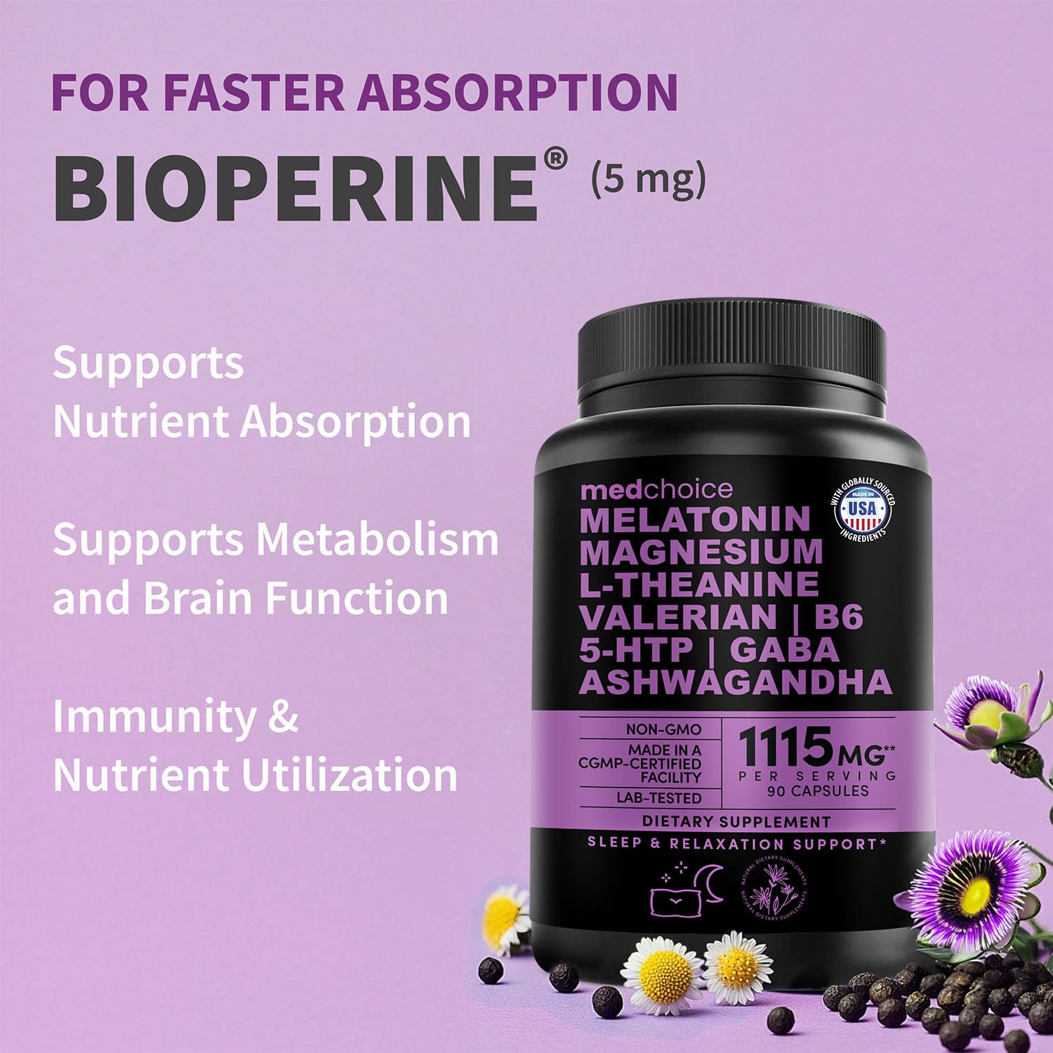 12-in-1 Melatonin Sleep Capsules - Natural Sleep Aids for Adults with Melatonin 5mg and Magnesium Glycinate 500mg, Sleep Aid with Ashwagandha, L Theanine, Valerian Root, GABA, 5-HTP (90ct, Pack of 1) MEDCHOICE buy supplements canada