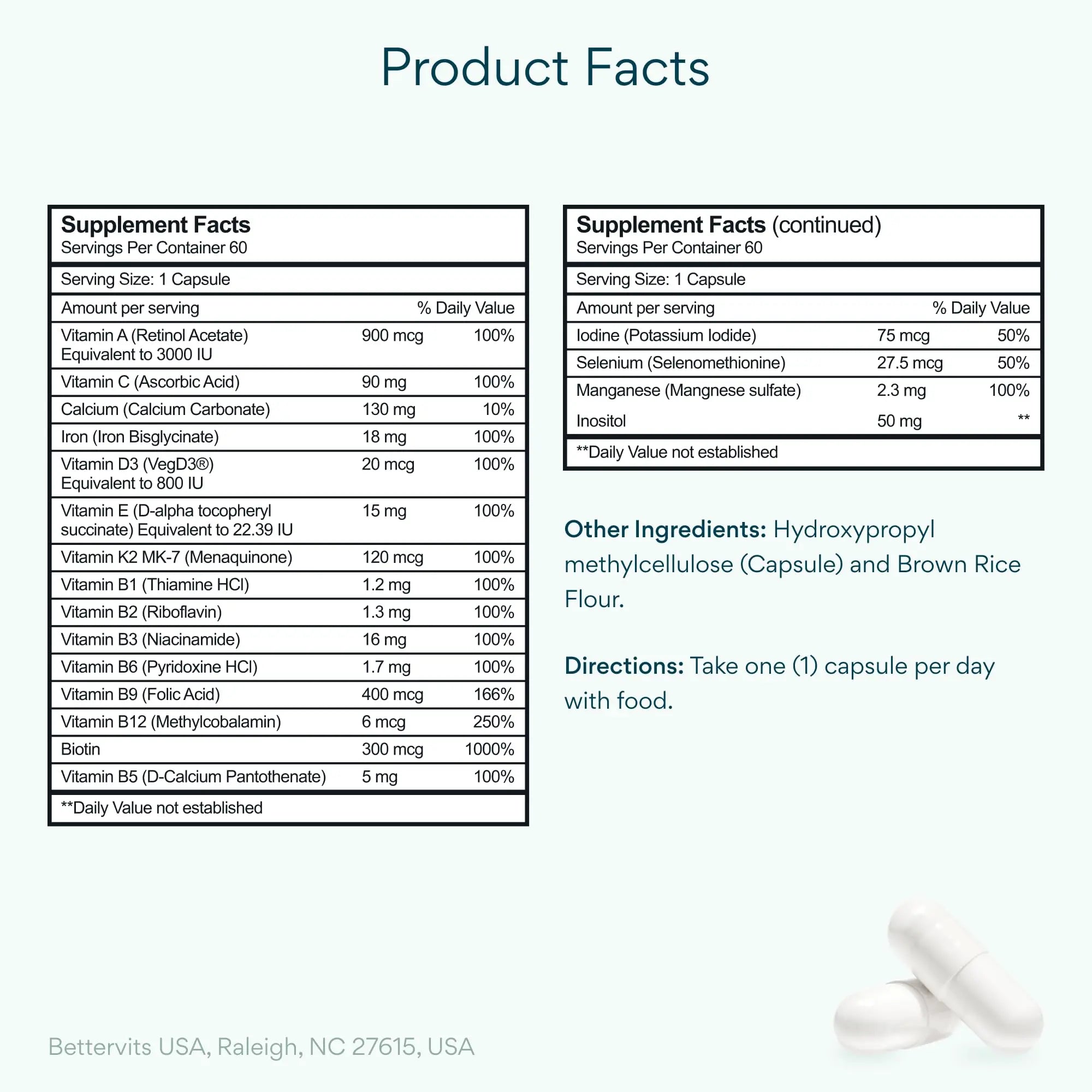 Bettervits Multivitamin for Women & Men | Womens Daily Multivitamin with 13 Essential Vitamins Iron, Iodine, Calcium and Biotin B BETTERVITS buy supplements canada