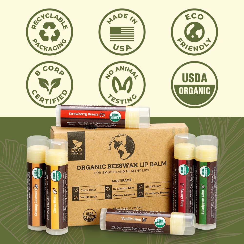 Earth's Daughter USDA Organic Lip Balm 6-Pack - Fruit Flavors, Beeswax, Coconut Oil, Vitamin E - Best Lip Repair Earth's Daughter buy supplements canada