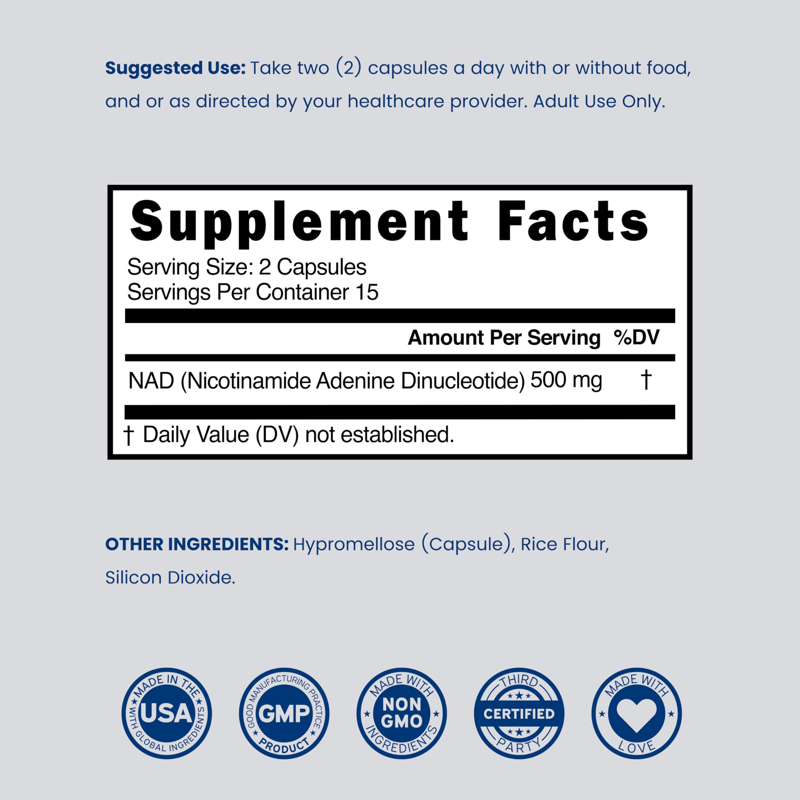 NAD Supplement (500mg of 95% Pure NAD+ Per Serving) NMN Supplement, NAD Nicotinamide Riboside Support (Third Party Tested, Vegan Safe, Non-GMO, No Fillers, & Made in the USA - 30 Vegan Capsules) DORADO NUTRITION buy supplements canada