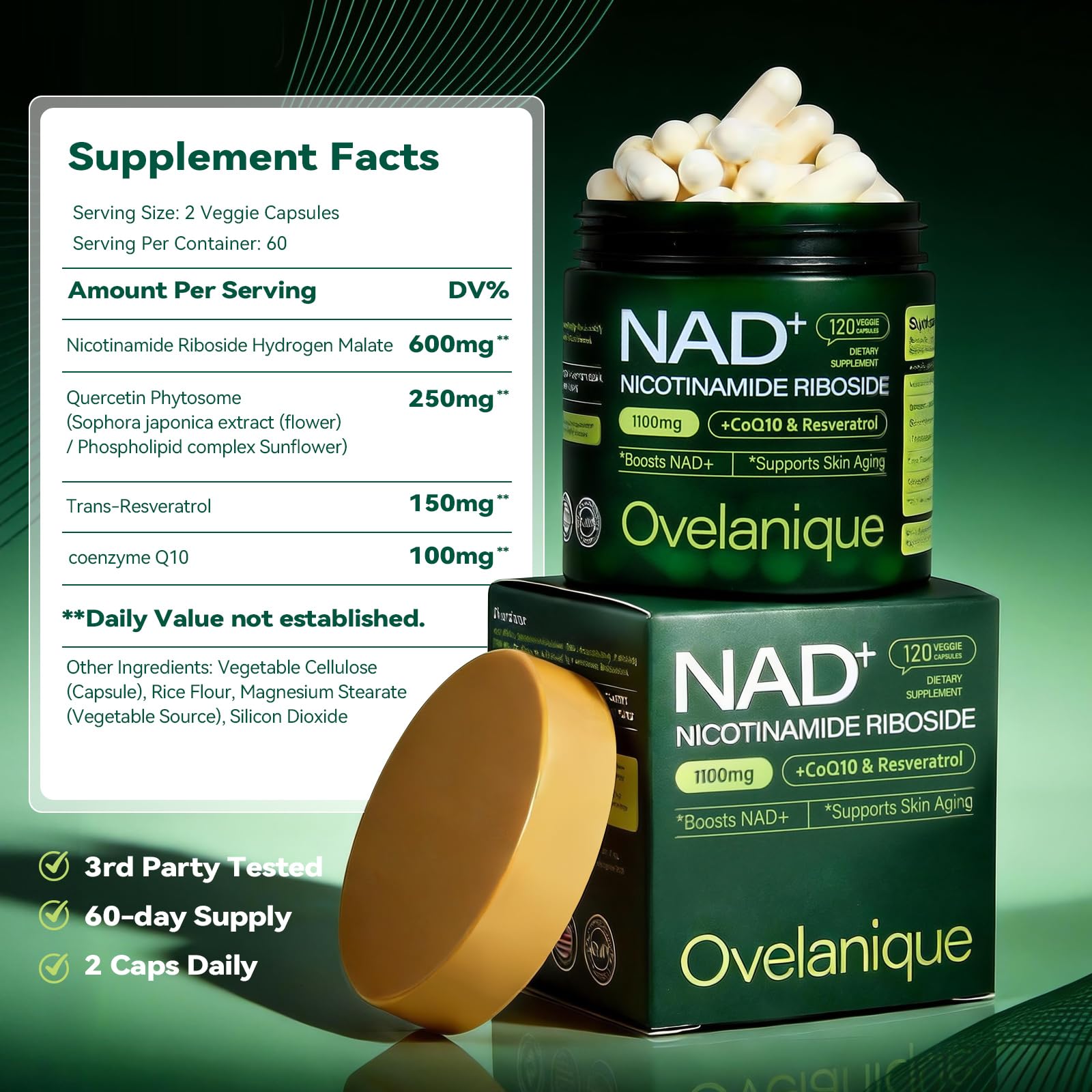 Ovelanique NAD Supplement with Nicotinamide Riboside & Resveratrol |NMNH Supplement Alternative| NAD+ Complex with Quercetin Phytosome & CoQ10 | Liposomal Delivery,120 Capsules(Packaging May Vary) Ovelanique buy supplements canada