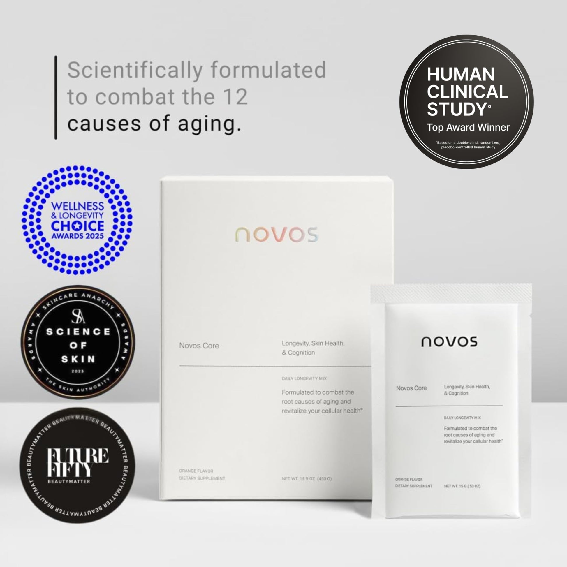 Novos Core Clinical Longevity Mix | Anti-Aging Supplement Drink Mix for Men & Women | Magnesium, L-Theanine, Fisetin and More | Supports Energy, Mood, Sleep & Cognition | Orange Flavor (30 Servings) Novos buy supplements canada