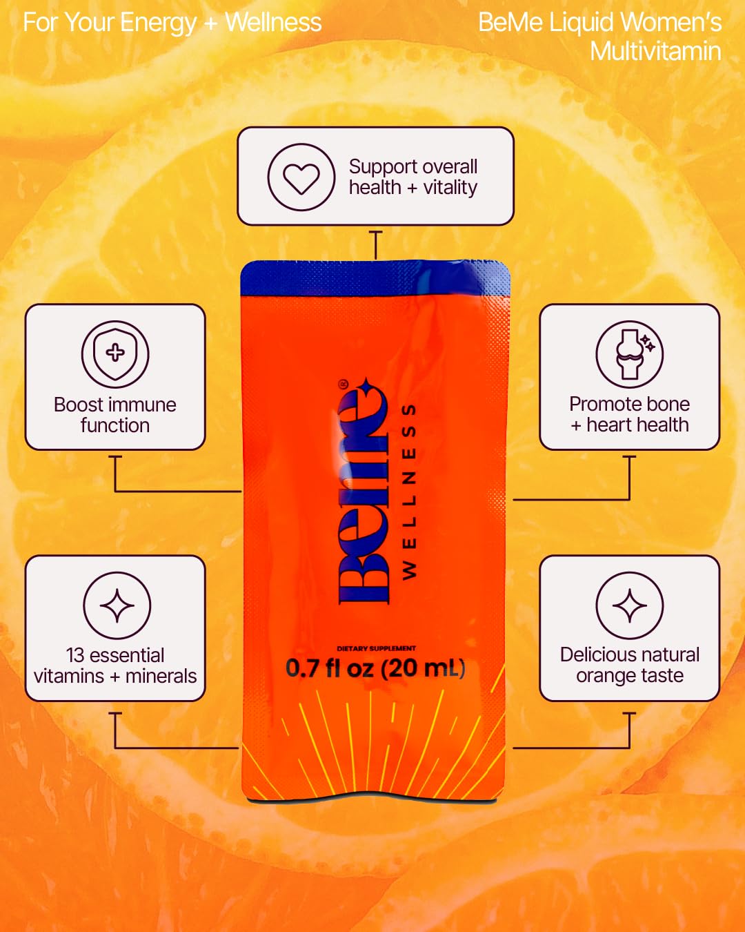 BeMe Liquid Multivitamins for Women - Advanced Liquid Delivery System with 13 Vitamins & Minerals - Tear & Go Sachets, Non-GMO, Orange Flavor (15 Sachets) BeMe buy supplements canada