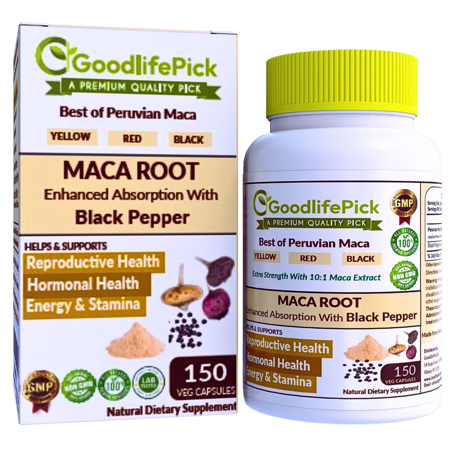 Peruvian Maca Root Capsules 150 ct. Powerful Maca Blend of Yellow Red & Black Maca Root with Black Pepper. All Natural NonGMO Vegan No Stearate No Rice Powder No Silica No Filler GoodlifePick buy supplements canada