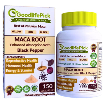 Peruvian Maca Root Capsules 150 ct. Powerful Maca Blend of Yellow Red & Black Maca Root with Black Pepper. All Natural NonGMO Vegan No Stearate No Rice Powder No Silica No Filler GoodlifePick buy supplements canada