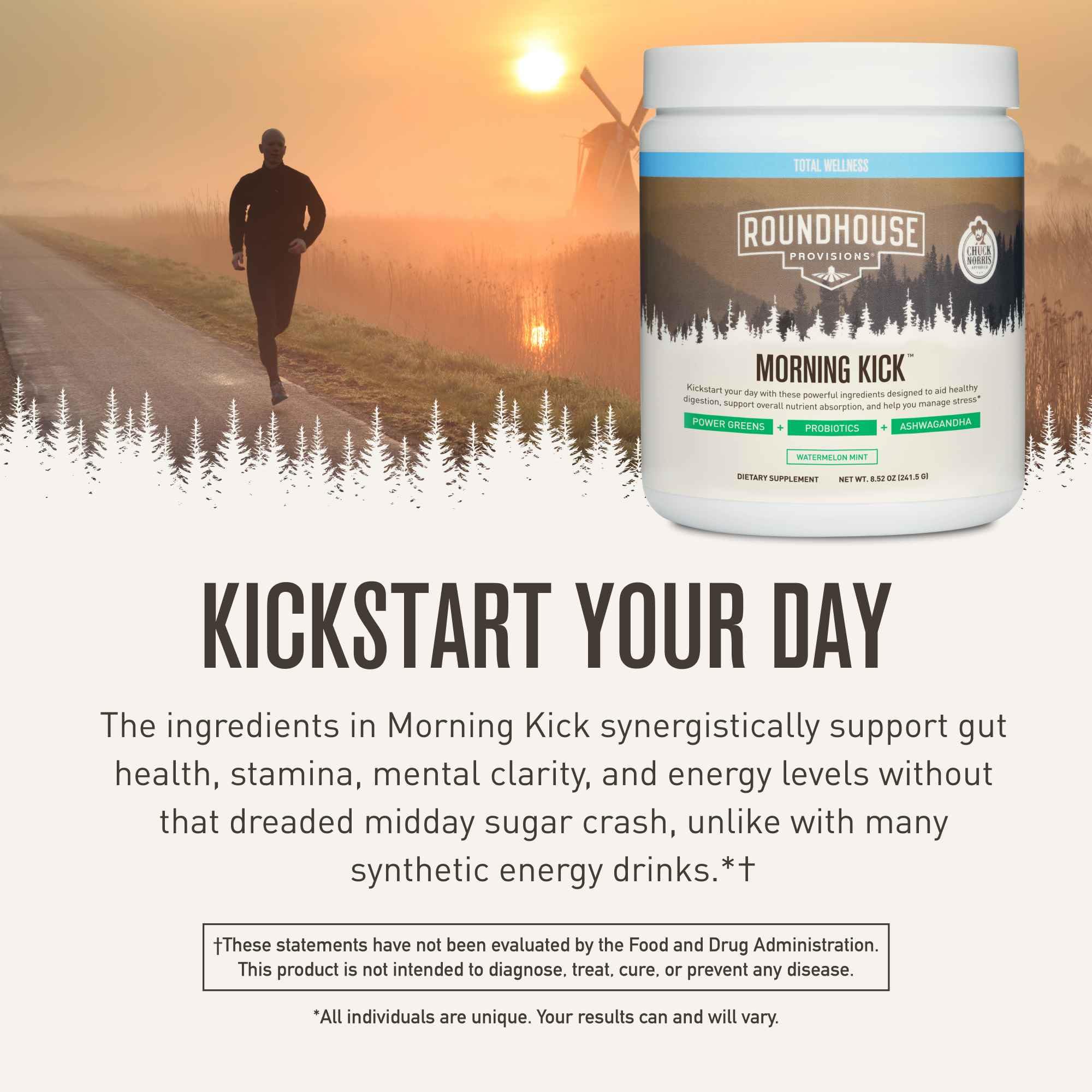 ROUNDHOUSE PROVISION Morning Kick by Chuck Norris - Watermelon Mint Flavor - Greens Superfood Powder with Probiotics, Collagen Peptides & Ashwagandha to Help Support Gut & Joint Health, 3 Pack ROUNDHOUSE PROVISION buy supplements canada