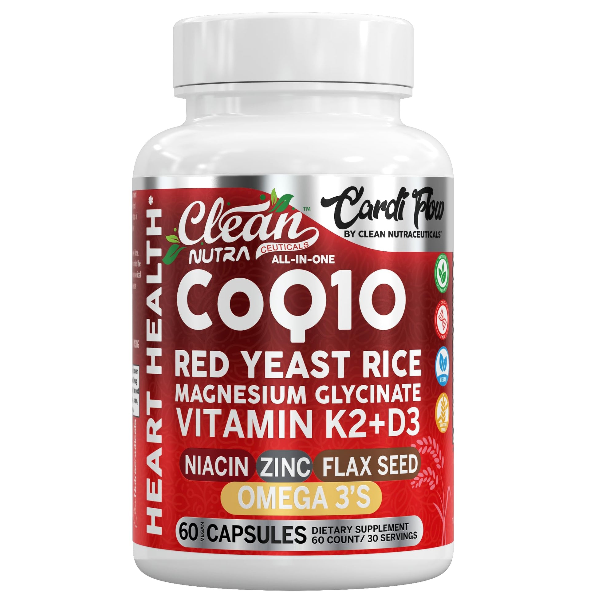 Clean Nutra CoQ10 Red Yeast Rice Magnesium Glycinate Vitamin K2 D3 Niacin Zinc Flax Seed Omega 3 Capsules 60 Count All in One Formula Premium Ingredients Dietary Supplement Clean Nutraceuticals buy supplements canada
