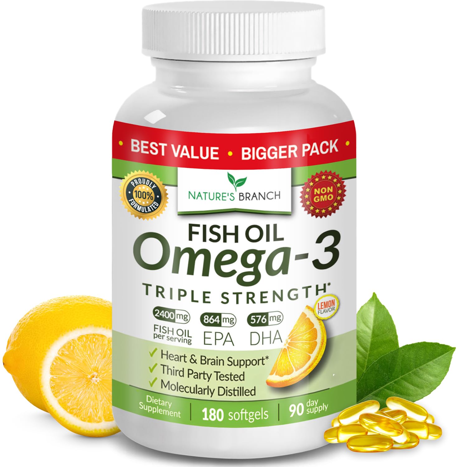 Triple Strength Omega 3 Fish Oil Supplements 2400mg | 180 Capsules, Burpless High Potency Lemon Flavor, High EPA DHA for Men & Women Ultra Pure Softgels NATURE'S BRANCH buy supplements canada