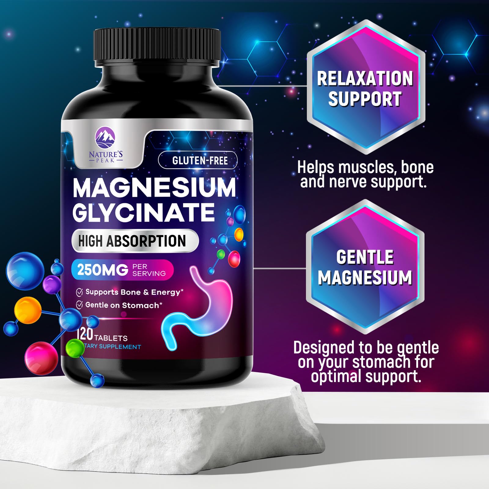 Magnesium Glycinate Supplement 250mg - 100% Chelated & Purified - to Support Sleep, Heart Health, Muscles, & Bone Strength - Best Absorption Magnesium Glycinate Capsules, Bottled in USA - 120 Tablets Nature's Peak buy supplements canada